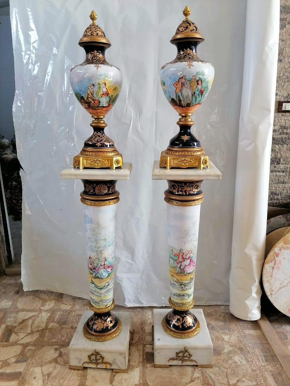 French-Style Pastel Decorative Vase with Marble Pedestal – Scenic Artwork & Gold Leaf Details