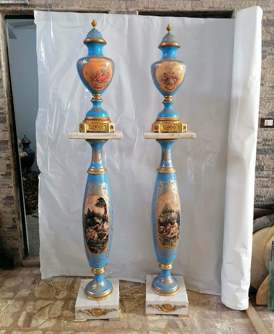 French-Style Blue & Peach Decorative Vase with Marble Pedestal – Scenic Artwork & Gold Leaf Details