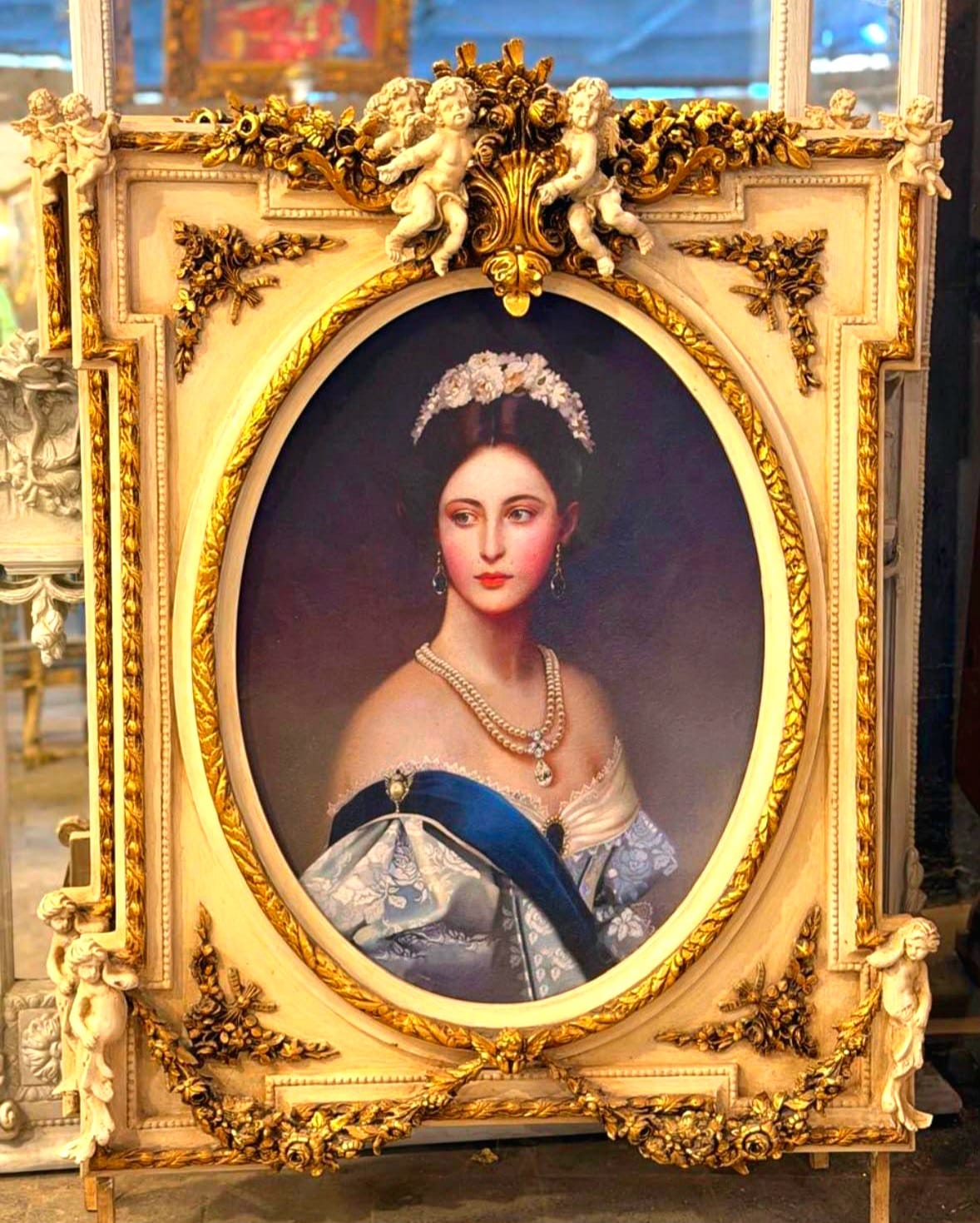 French Baroque Portrait Painting – Elegant Woman with Cherubs & Ornate Gold Leaf Frame