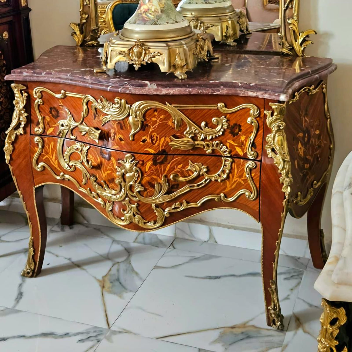 French Louis XV Bombe Commode – Floral Marquetry, Marble Top & Hand-Applied Gold Leaf Details
