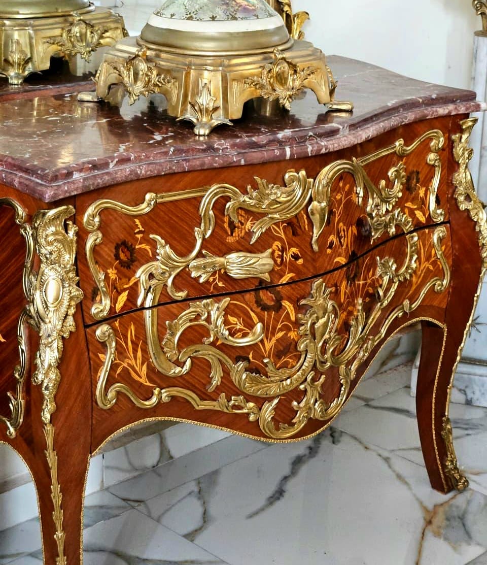 French Louis XV Bombe Commode – Floral Marquetry, Marble Top & Hand-Applied Gold Leaf Details