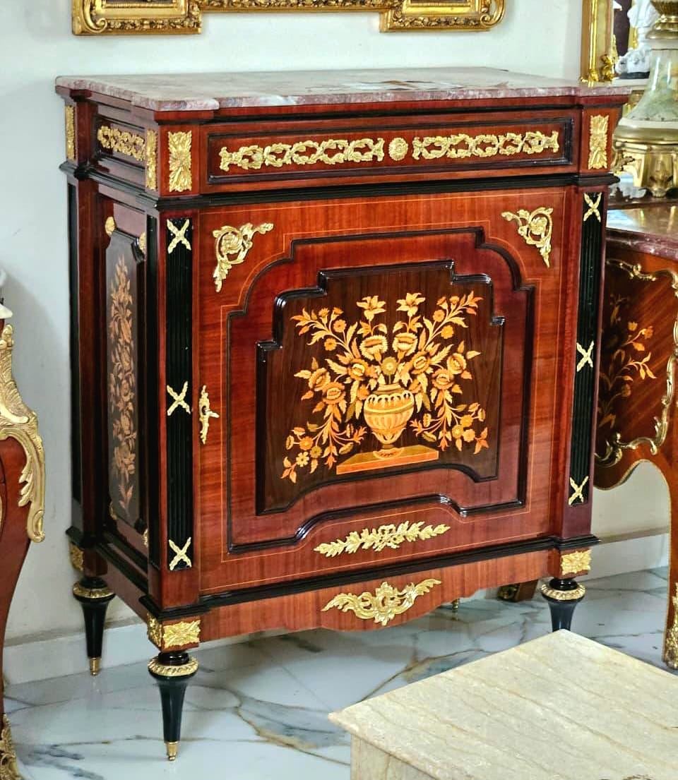 French Louis XV Marble-Top Cabinet – Ornate Floral Marquetry with Hand-Applied Gold Leaf Accents