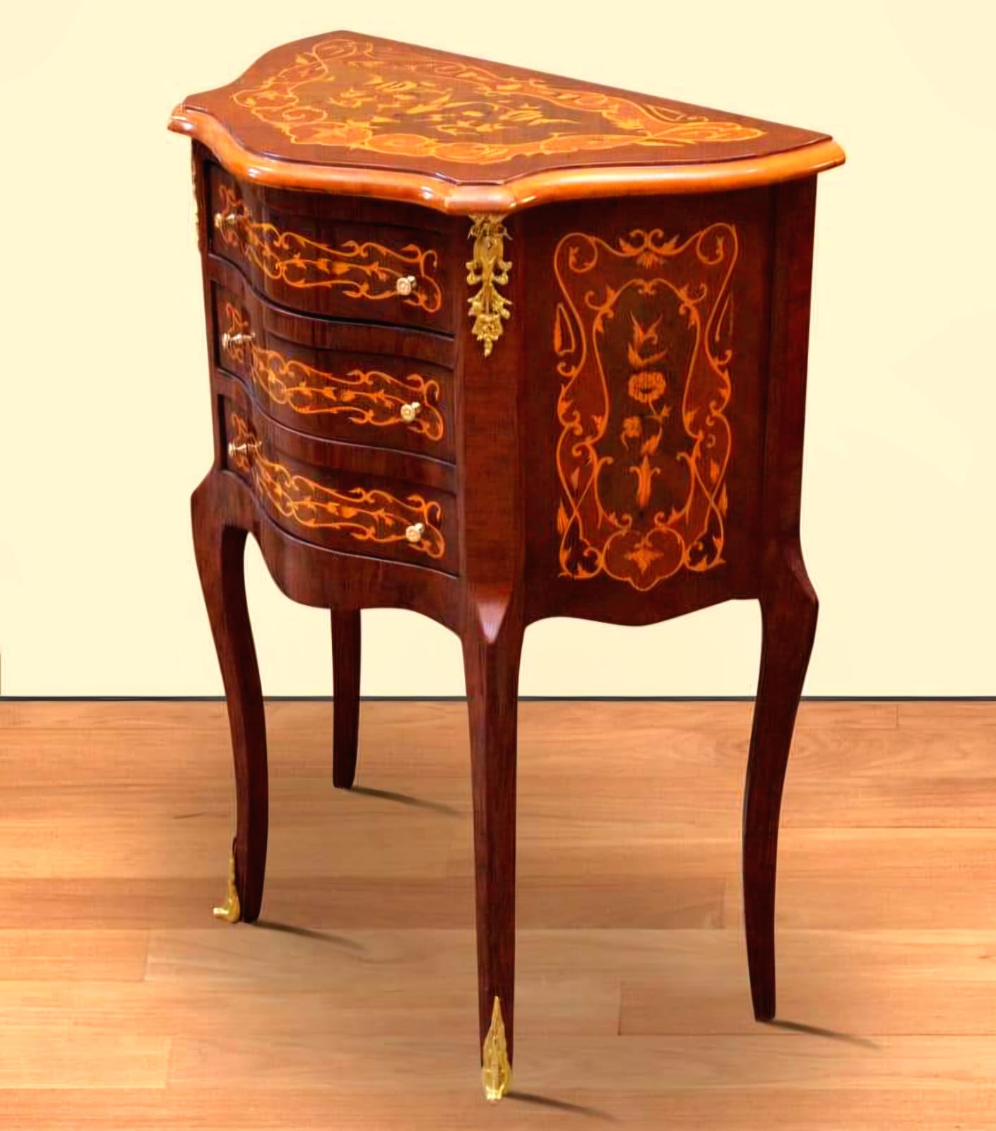 French Louis XV Side Table – Petite Wood Chest with 3 Drawers & Gold Leaf Details