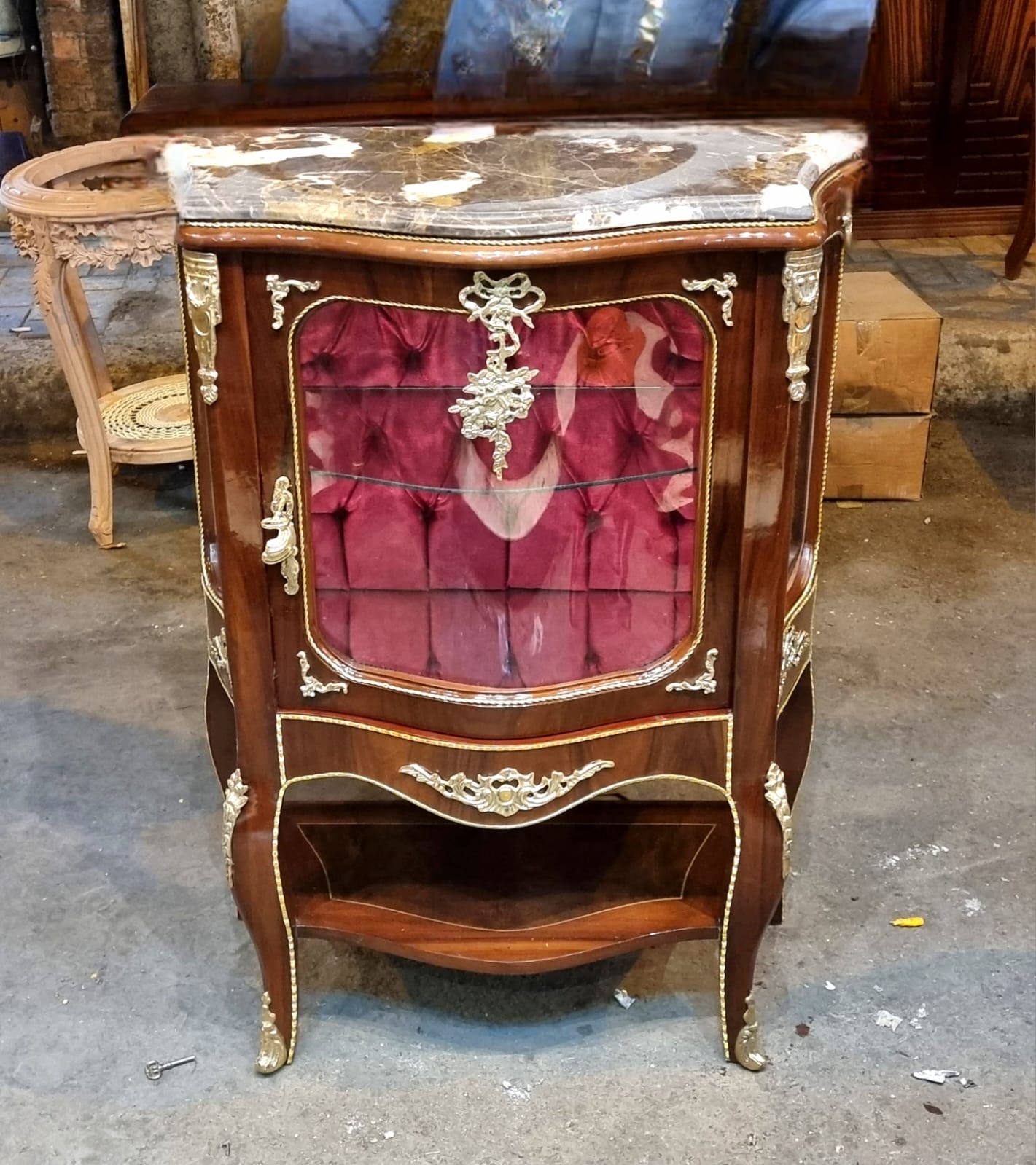 French Louis XV Display Cabinet – Marble Top Vitrine with Gold Leaf Details & Burgundy Velvet Interior