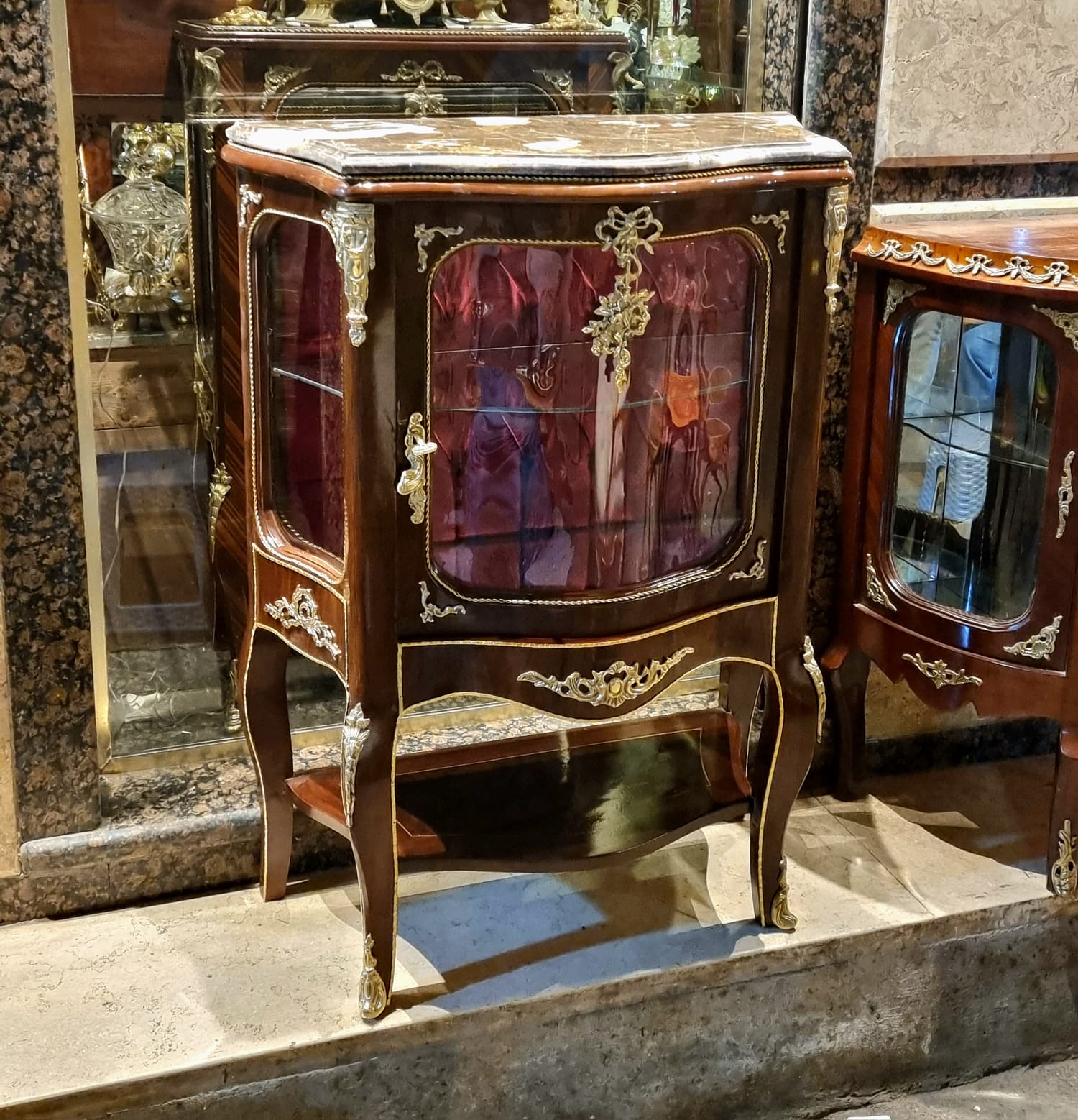 French Louis XV Display Cabinet – Marble Top Vitrine with Gold Leaf Details & Burgundy Velvet Interior