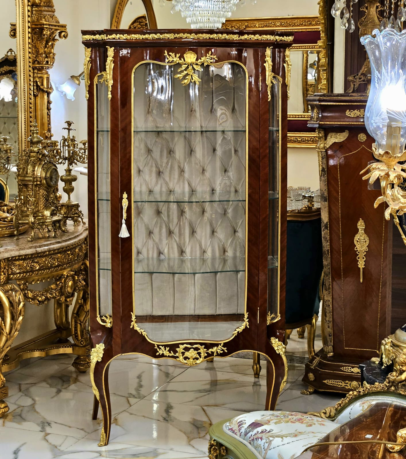 Grand French Louis XV Display Vitrine – Solid Wood Curio Cabinet with Gilded Inlay & Glass Shelves