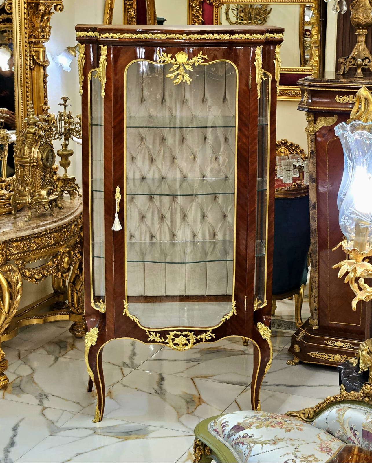 Grand French Louis XV Display Vitrine – Solid Wood Curio Cabinet with Gilded Inlay & Glass Shelves