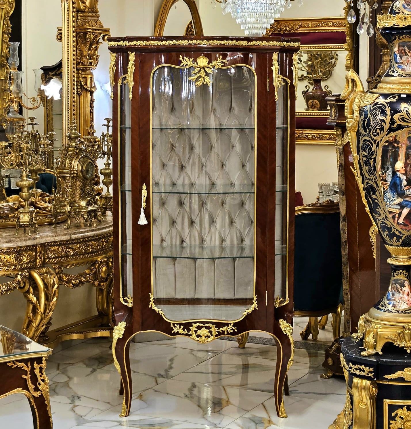 Grand French Louis XV Display Vitrine – Solid Wood Curio Cabinet with Gilded Inlay & Glass Shelves