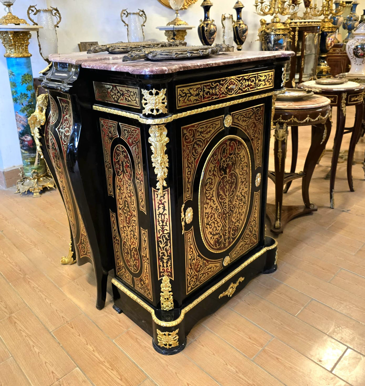 Grand Gothic Revival Display Cabinet – Ornate Black Finish with Marble Top & Gilded Gold Leaf Details