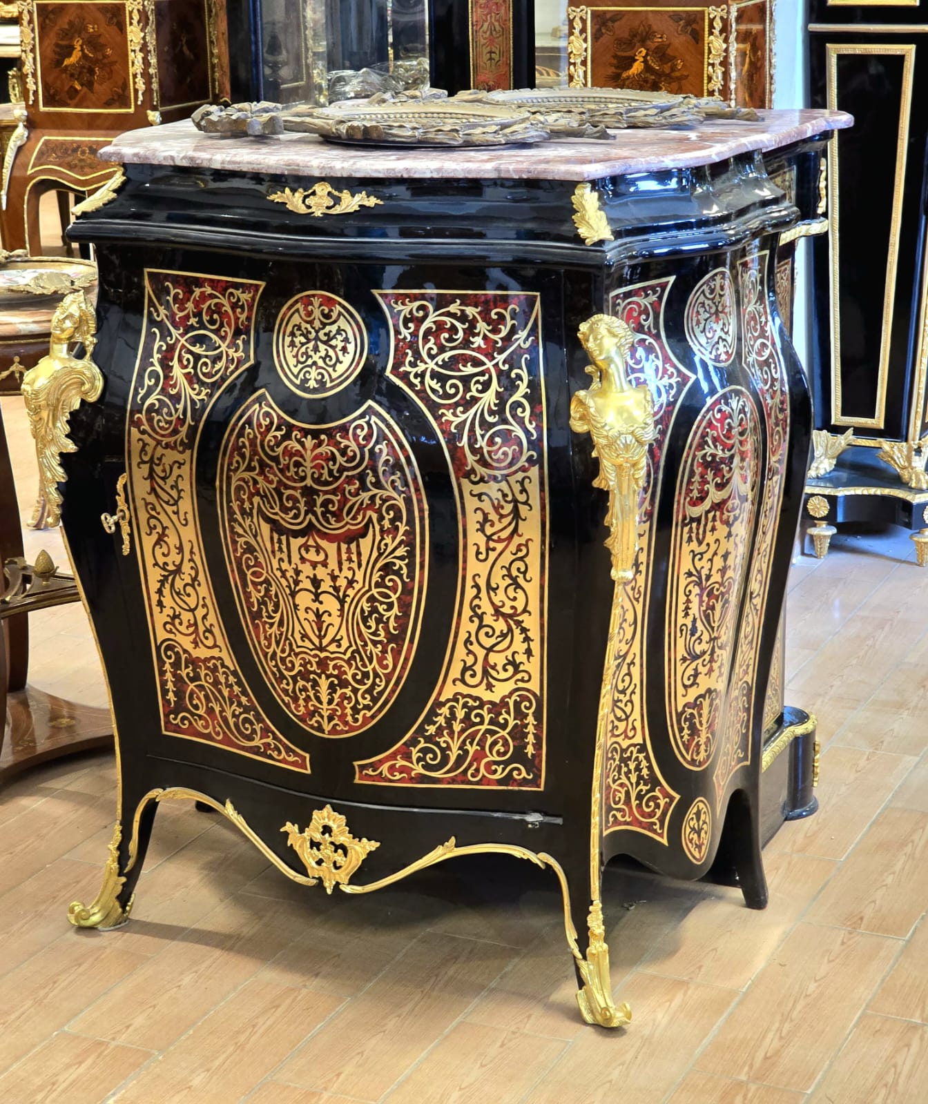 Grand French Louis XV Black Cabinet – Marble Top with Ornate Gold Leaf & Marquetry Details