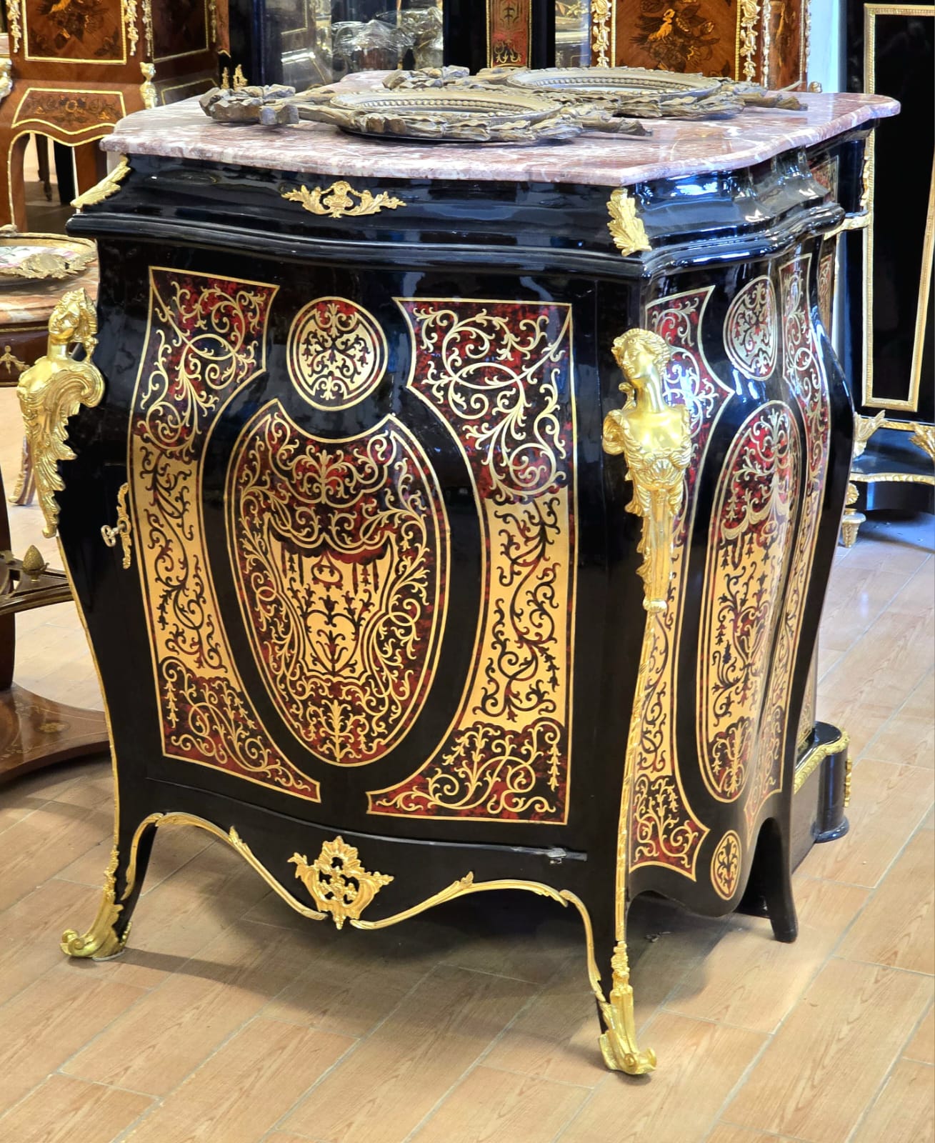 Grand French Louis XV Black Cabinet – Marble Top with Ornate Gold Leaf & Marquetry Details
