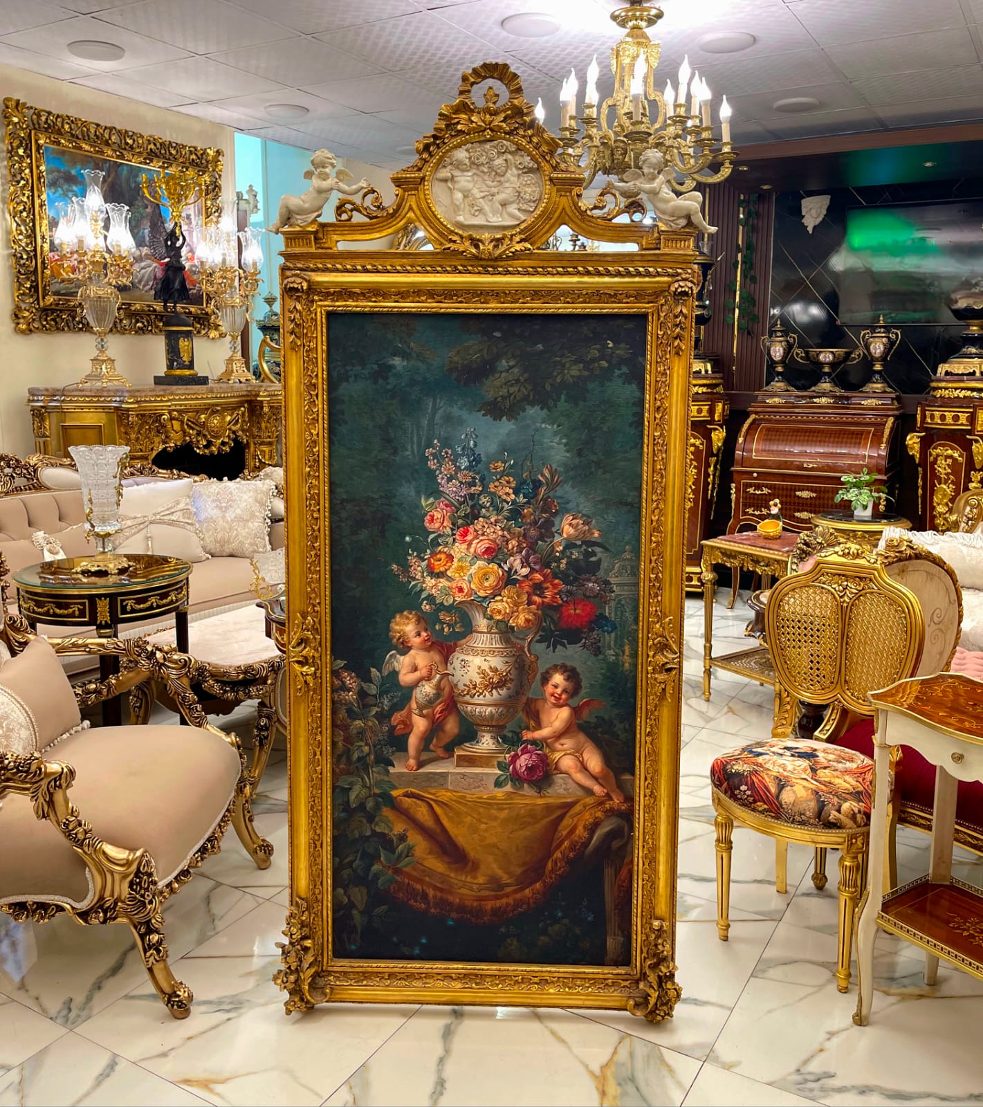 Grand French Rococo Floral Panel – Ornate Gold Leaf Frame with Cherub & Garden Scene