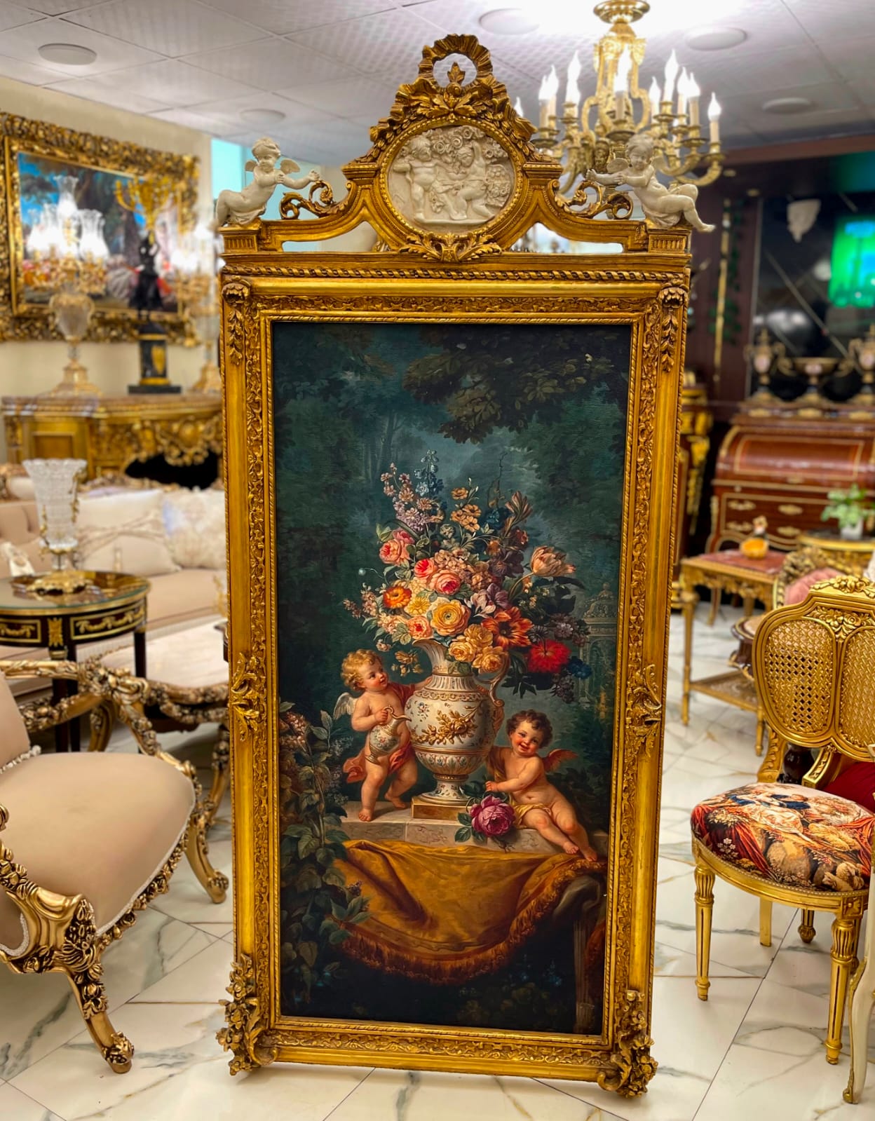 Grand French Rococo Floral Panel – Ornate Gold Leaf Frame with Cherub & Garden Scene