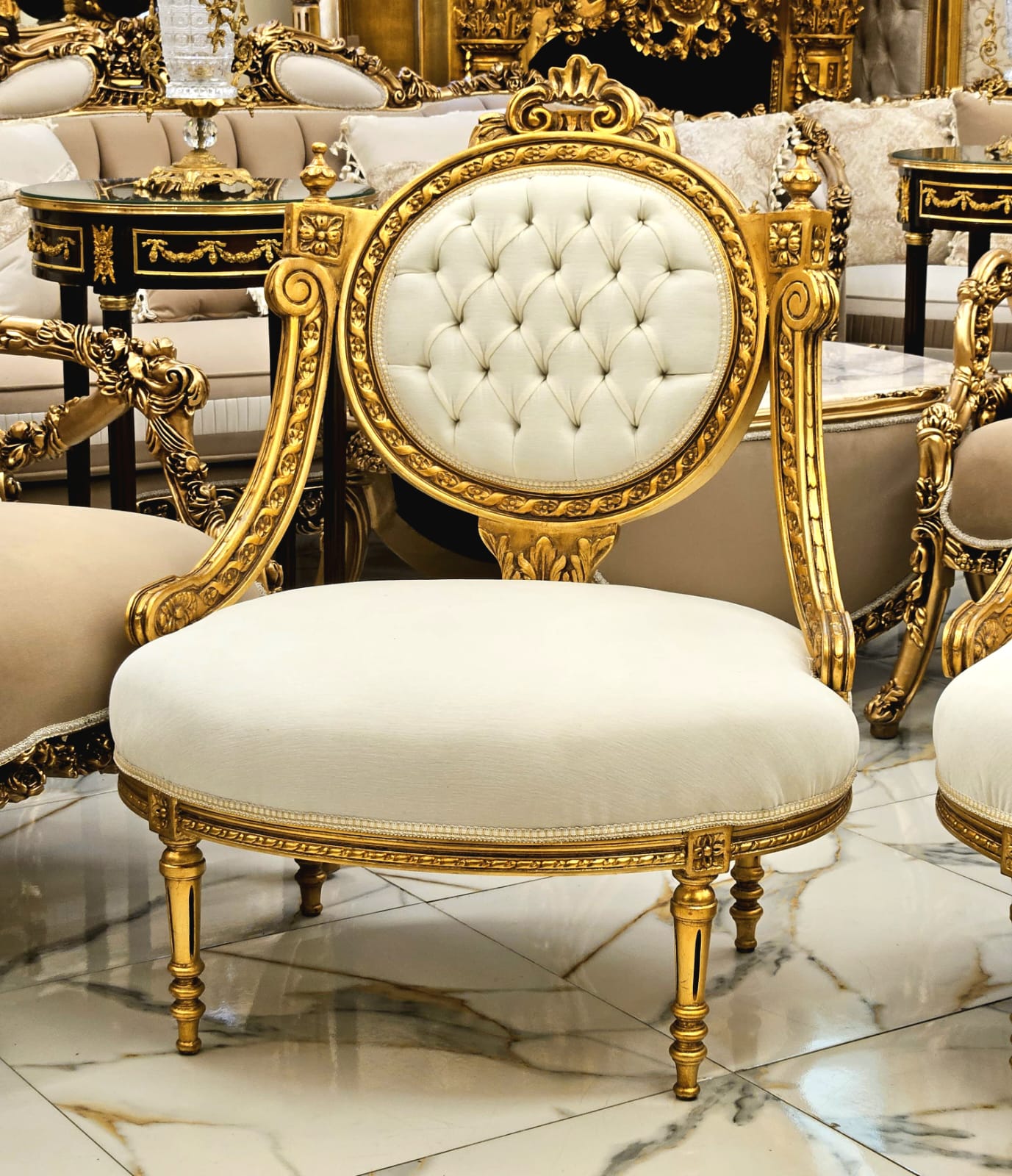 French Louis XVI Style Armchair – Cream Velvet Tufted Chair with Gold Leaf Frame