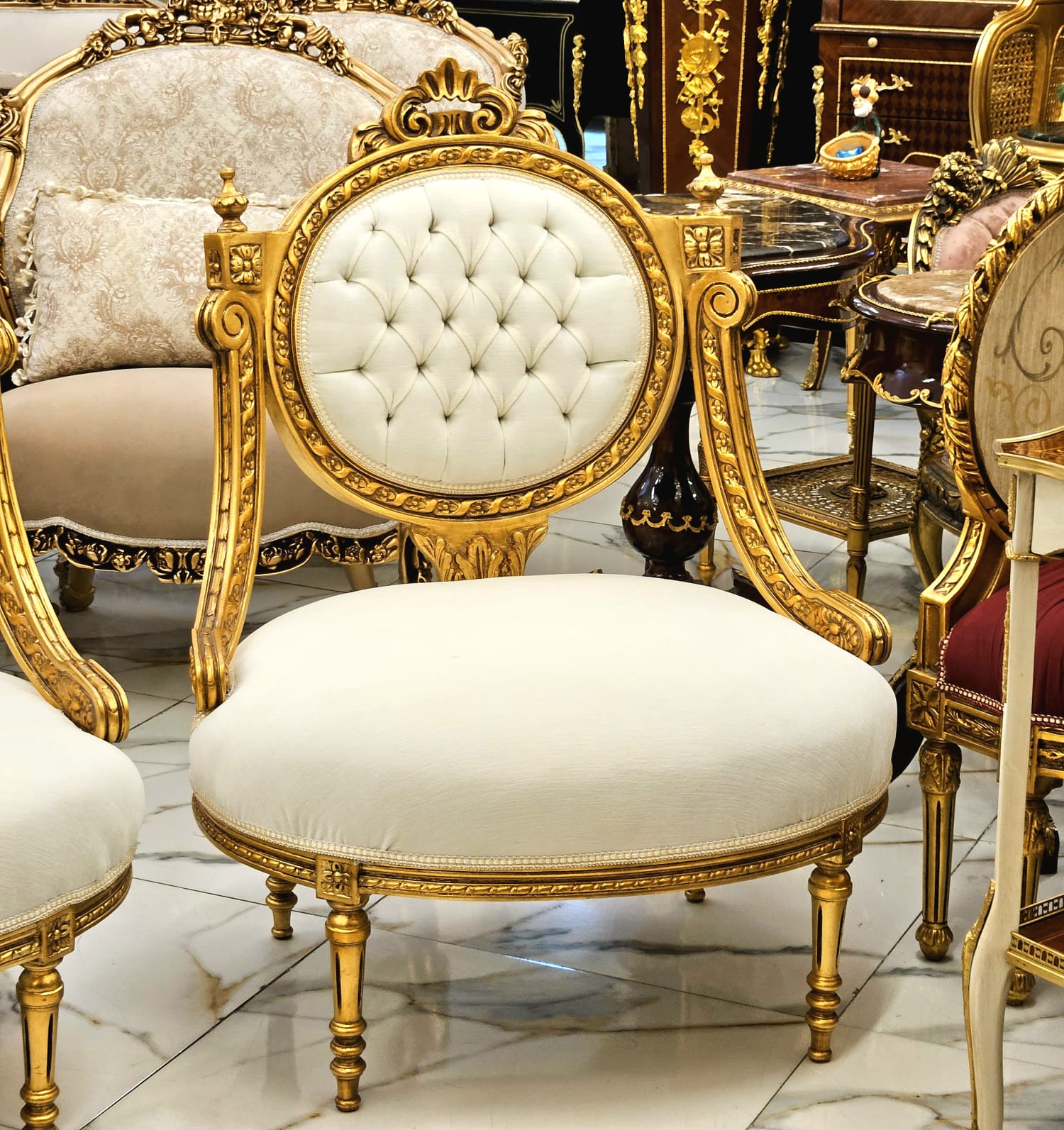 French Louis XVI Style Armchair – Cream Velvet Tufted Chair with Gold Leaf Frame