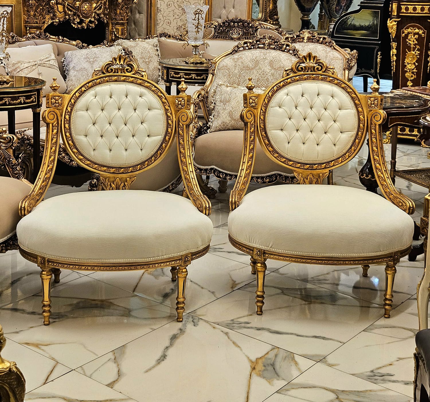 French Louis XVI Style Armchair – Cream Velvet Tufted Chair with Gold Leaf Frame