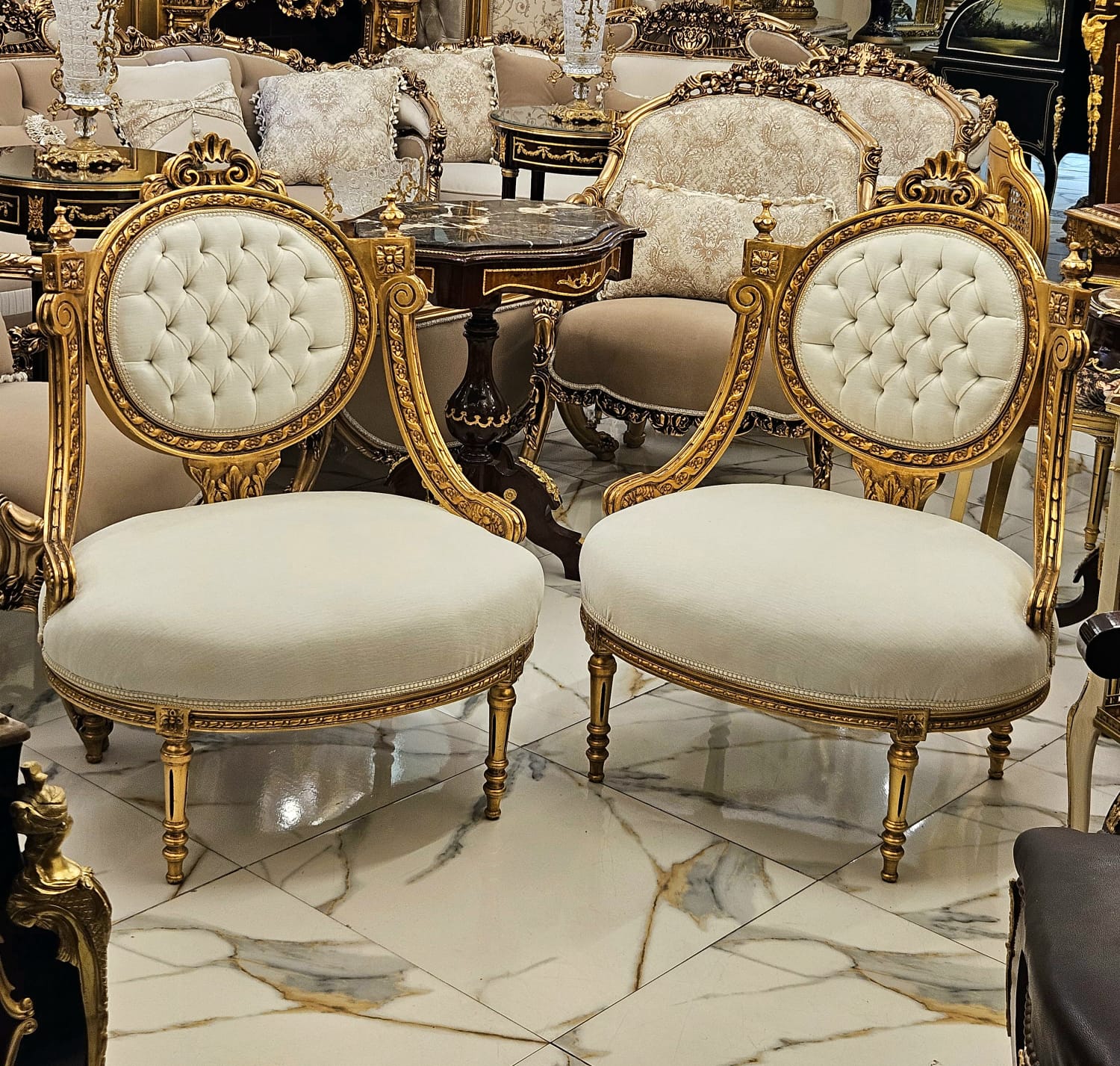 French Louis XVI Style Armchair – Cream Velvet Tufted Chair with Gold Leaf Frame