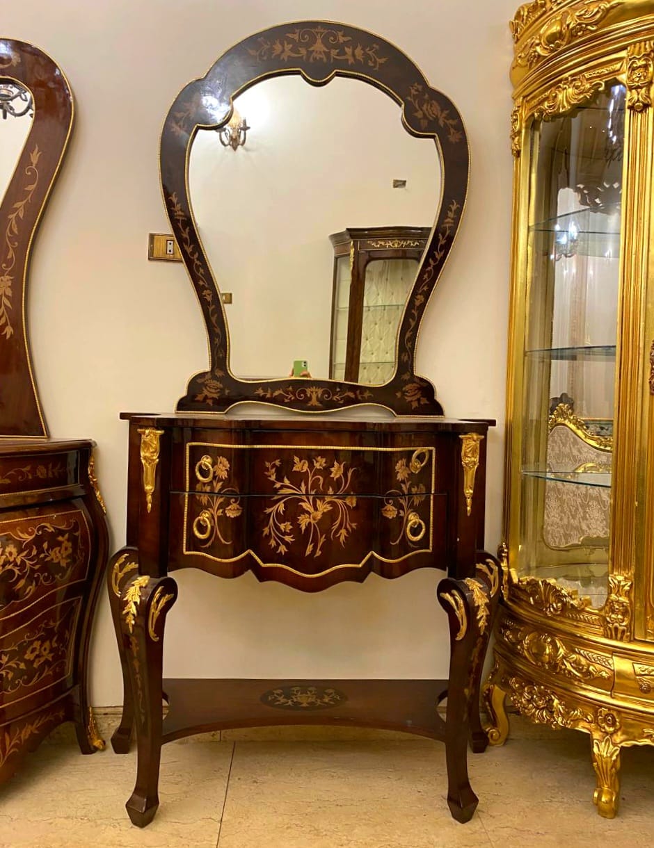French Louis XV Vanity Set with Mirror & 2-Drawer Console – Heavy Wood with Gold Leaf Details