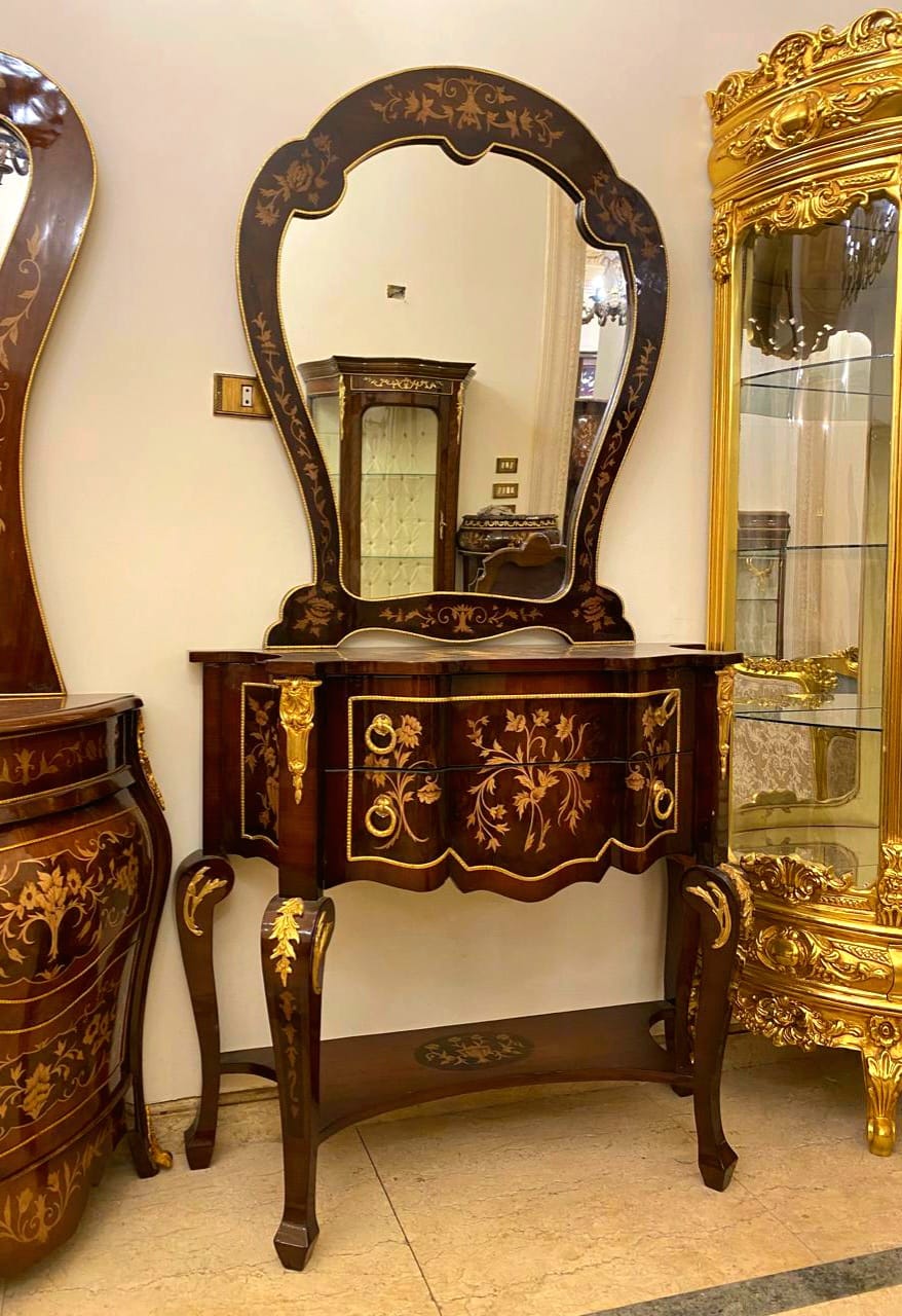 French Louis XV Vanity Set with Mirror & 2-Drawer Console – Heavy Wood with Gold Leaf Details