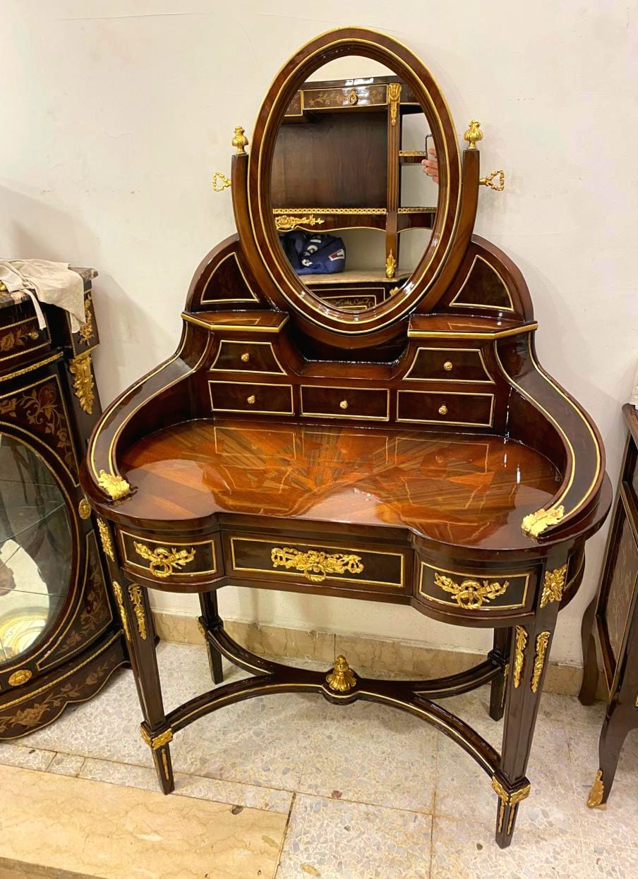 French Louis XV Vanity Desk with Oval Mirror – Heavy Wood Writing Desk with Gold Leaf Details