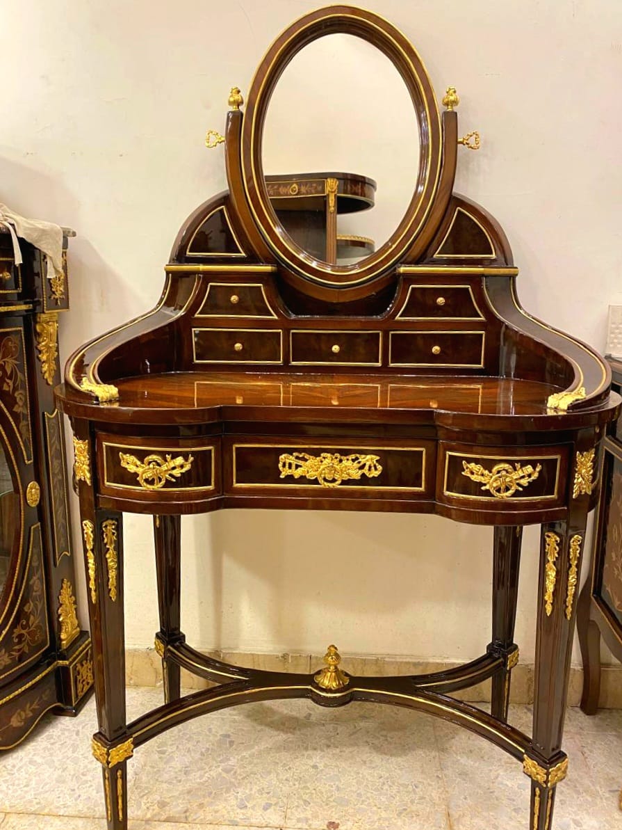 French Louis XV Vanity Desk with Oval Mirror – Heavy Wood Writing Desk with Gold Leaf Details