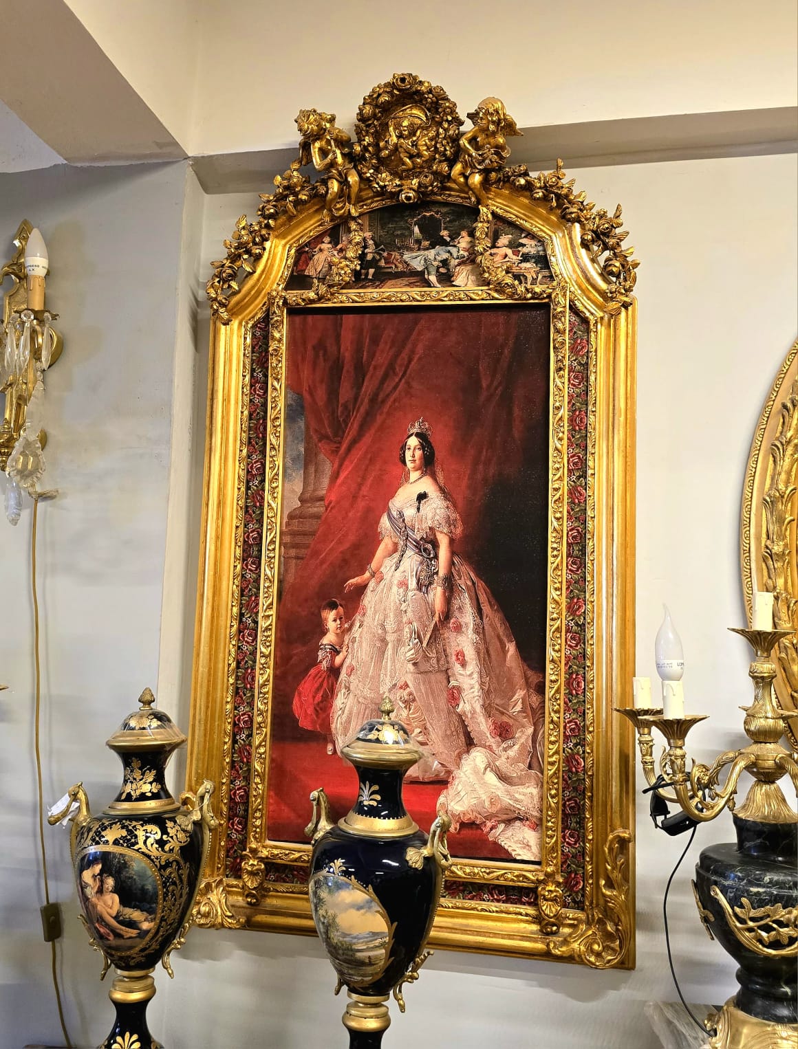 Baroque Royal Portrait – Elegant Queen & Child with Cherubs and Gold Leaf Frame