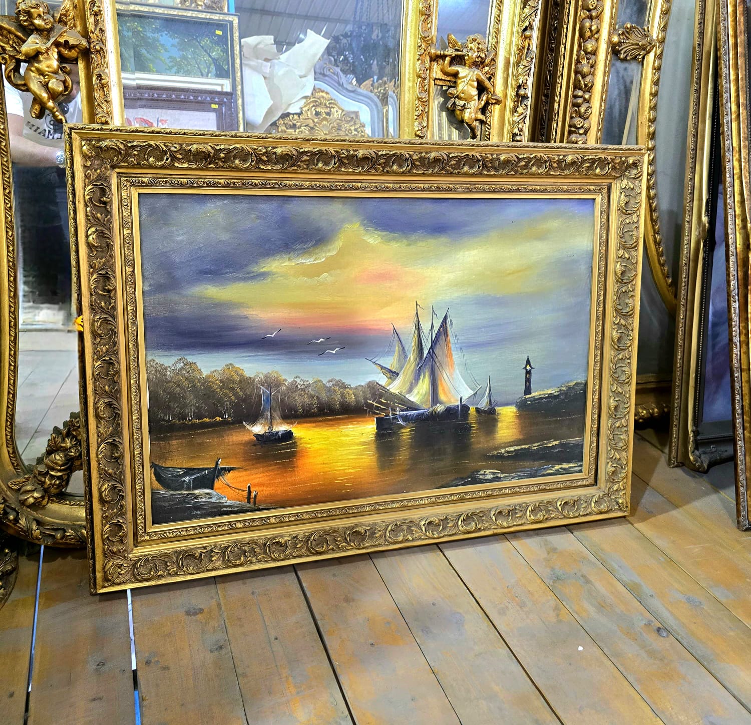 French Style Seascape Painting – Sailboats at Sunset with Ornate Gold Leaf Frame