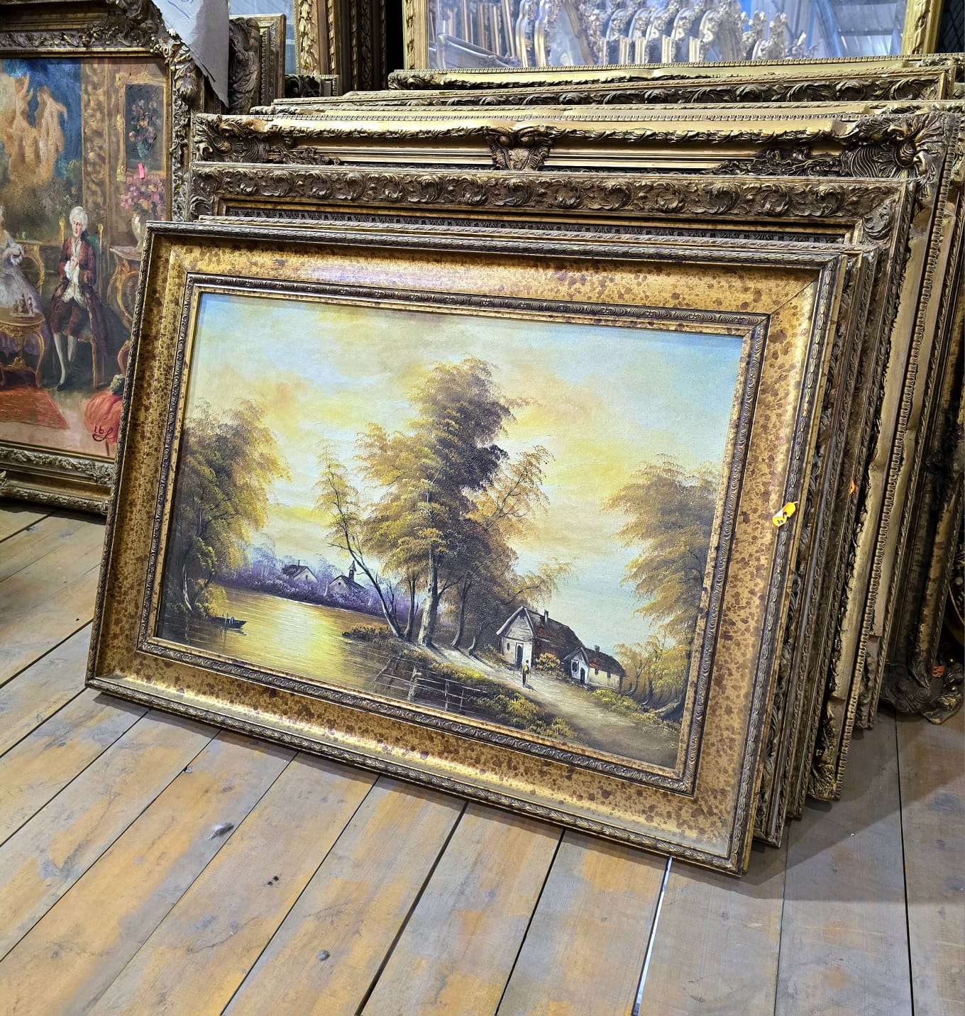 French Style Landscape Painting – Serene Lakeside Village with Trees & Textured Gold Frame
