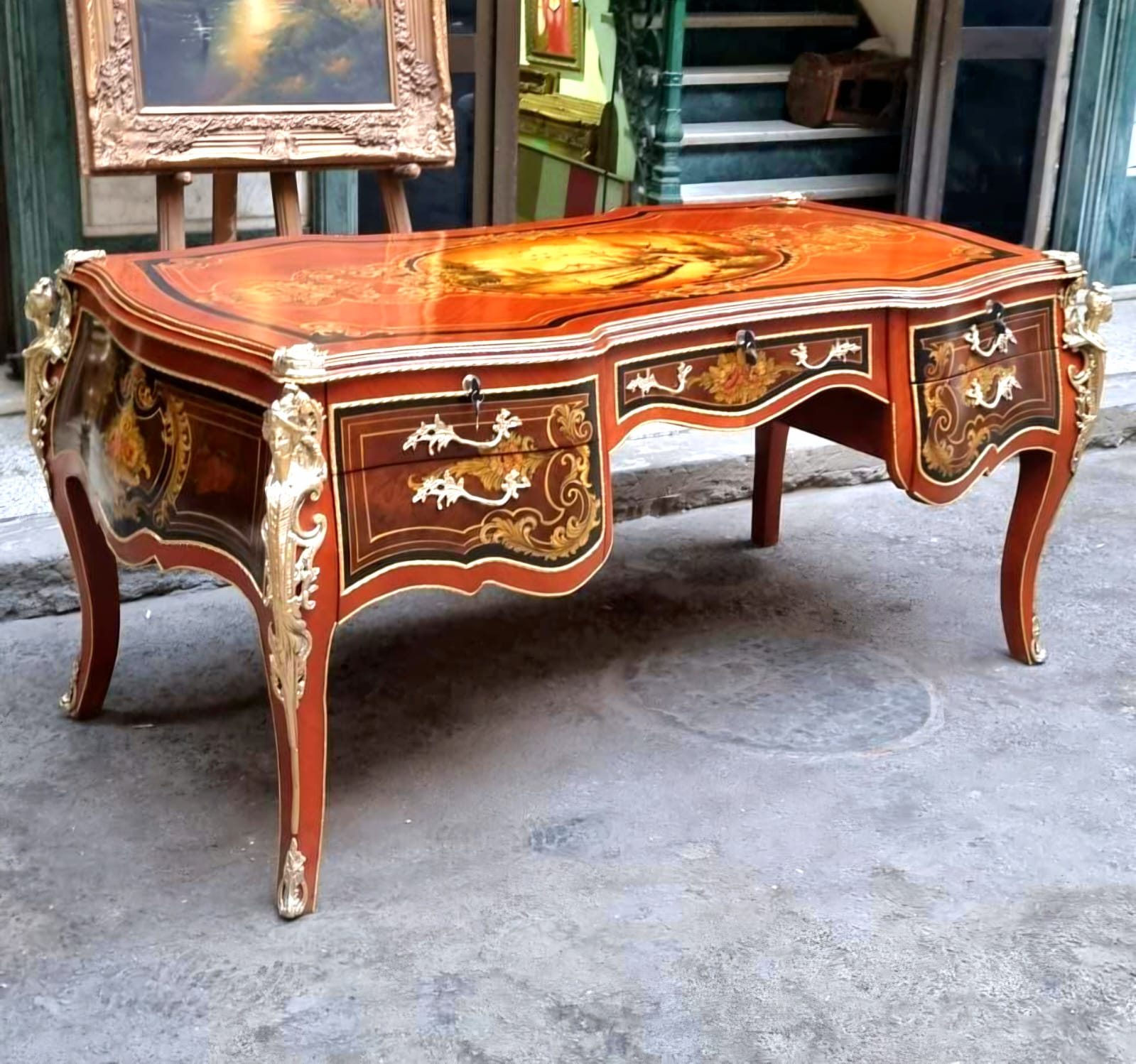 French Rococo Executive Desk – Ornate Wood Desk with 5 Drawers, Gold Leaf & Bronze Details