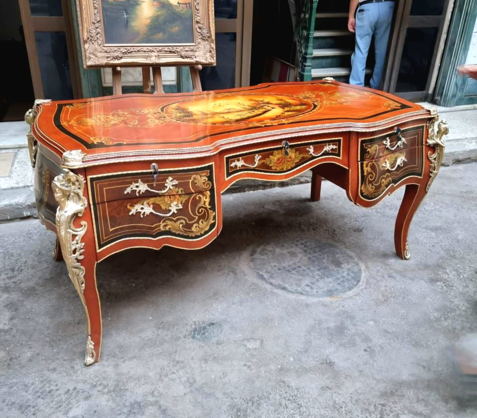 French Rococo Executive Desk – Ornate Wood Desk with 5 Drawers, Gold Leaf & Bronze Details