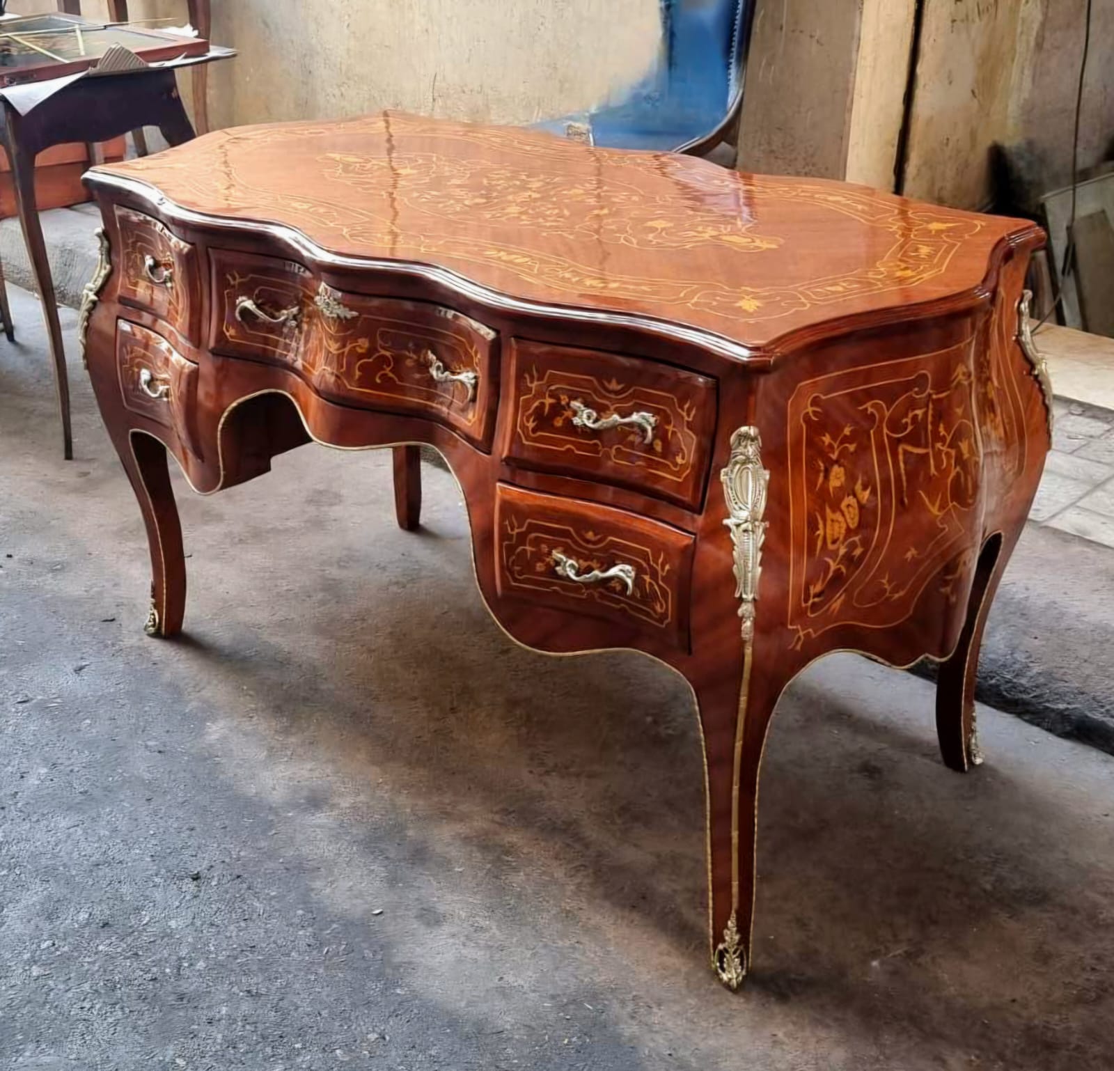 Luxury French Rococo Desk – Large Brown Executive Table with Glass Top & Gold Leaf Details
