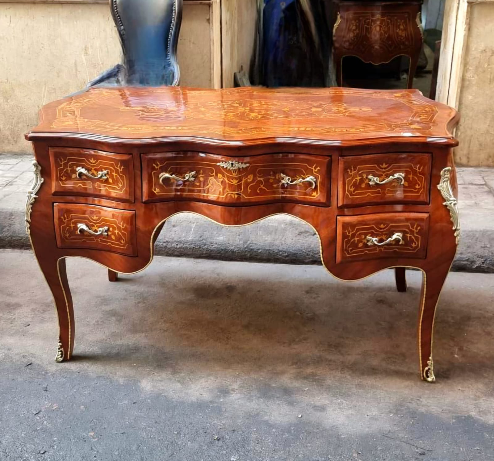 Luxury French Rococo Desk – Large Brown Executive Table with Glass Top & Gold Leaf Details