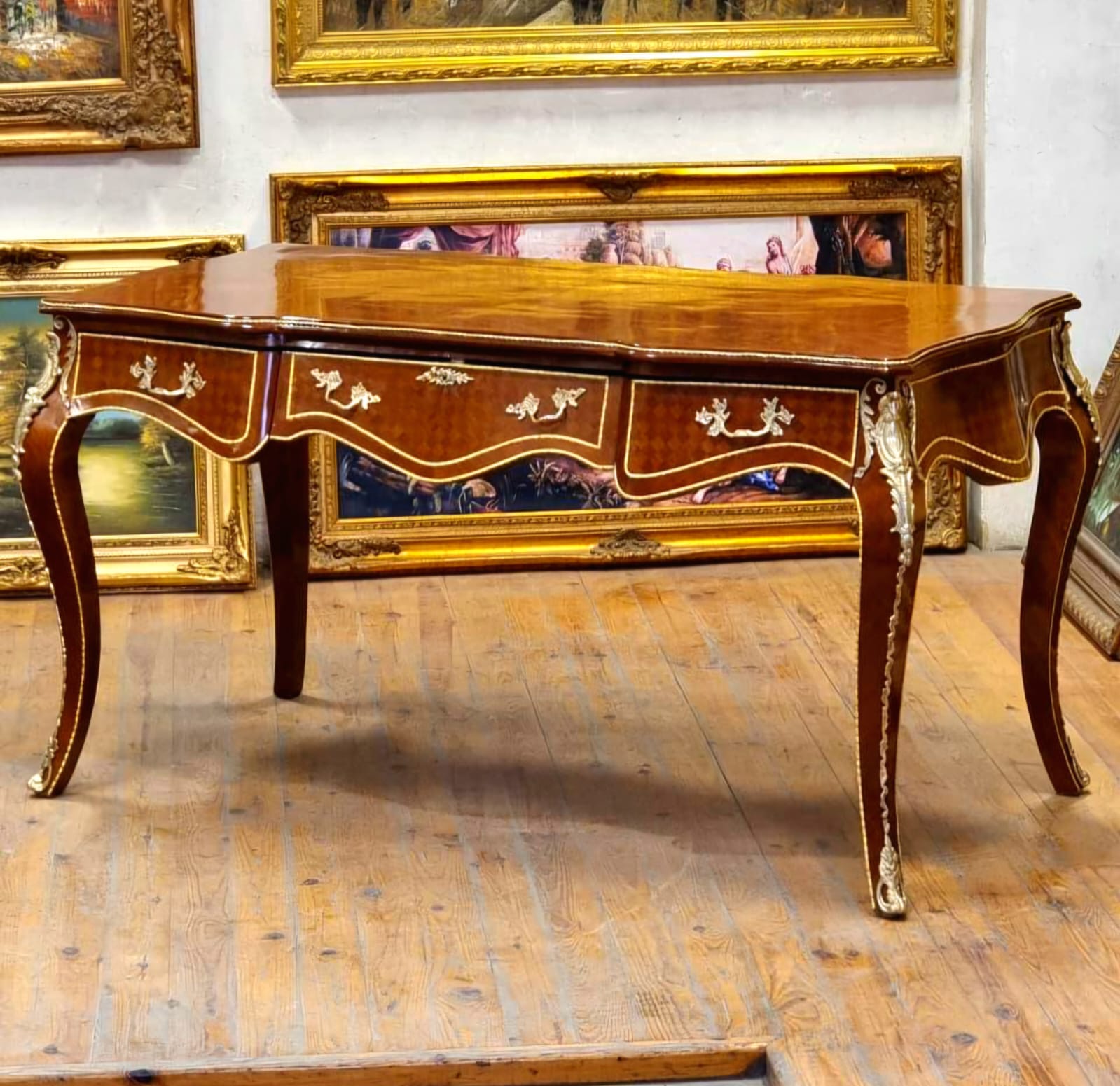 Luxury French Writing Console – Brown Finish with Ornate Gold Leaf Details