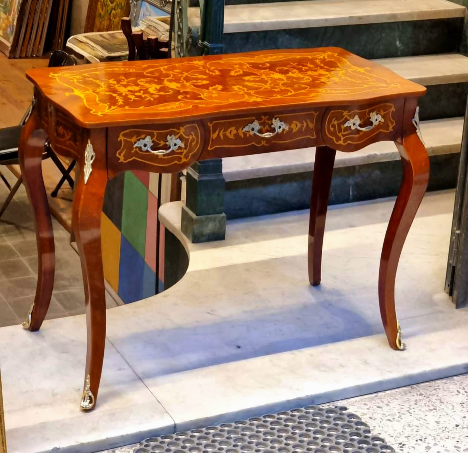 Elegant French Writing Desk – Ornate Brown Wood with Gold Leaf Details