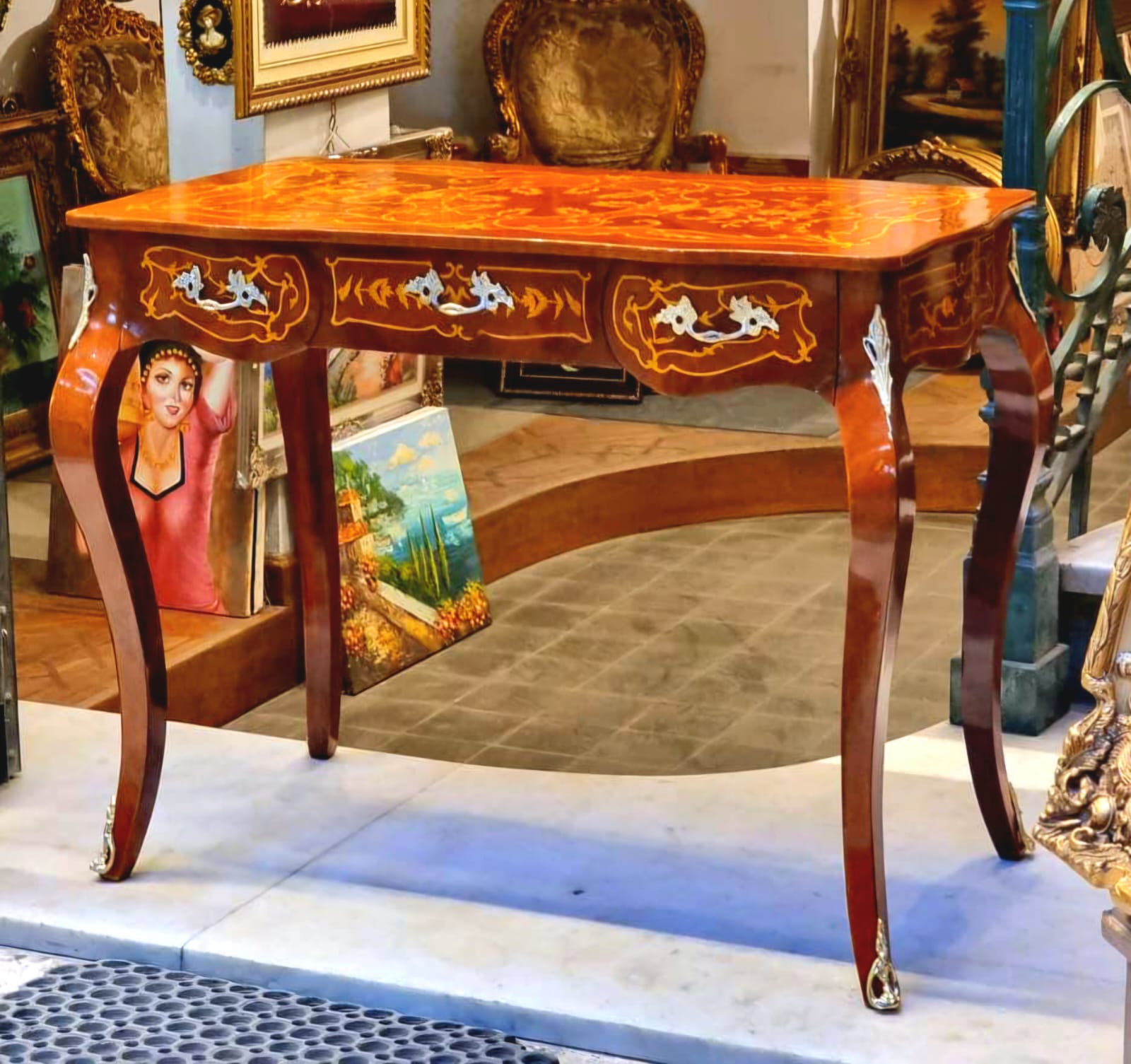Elegant French Writing Desk – Ornate Brown Wood with Gold Leaf Details