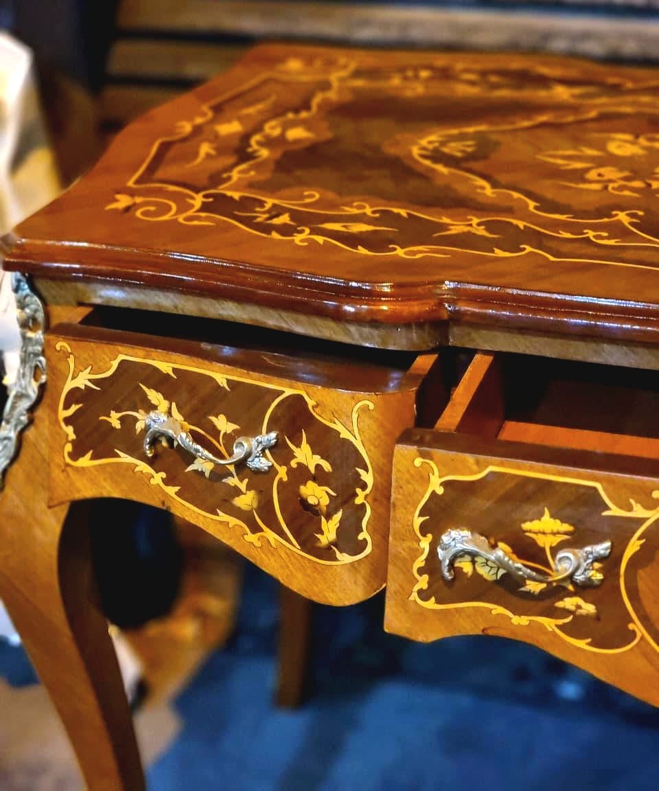 French Style Writing Desk – Brown Wood Desk with Gold Leaf & Ornate Details