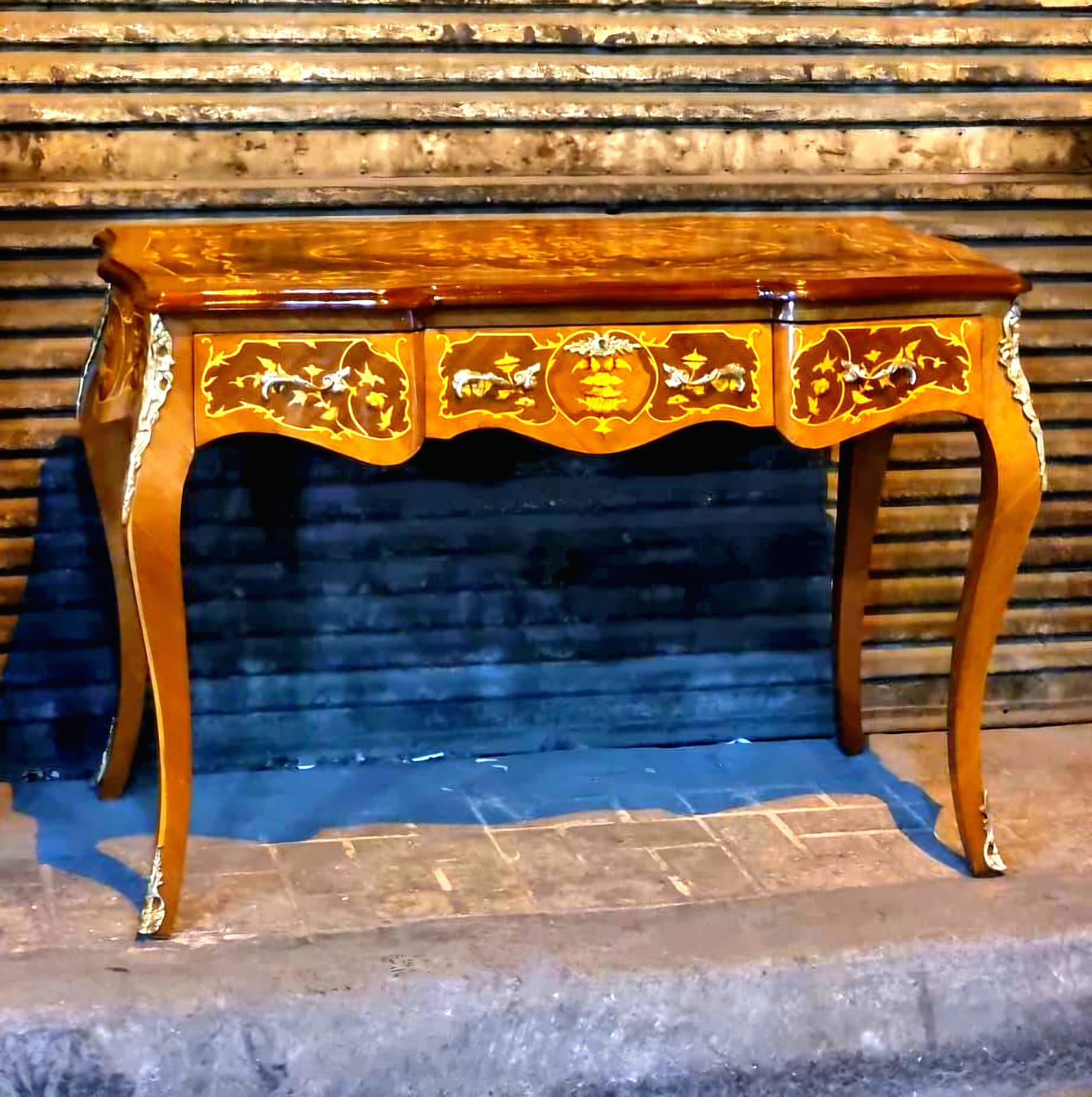 French Style Writing Desk – Brown Wood Desk with Gold Leaf & Ornate Details