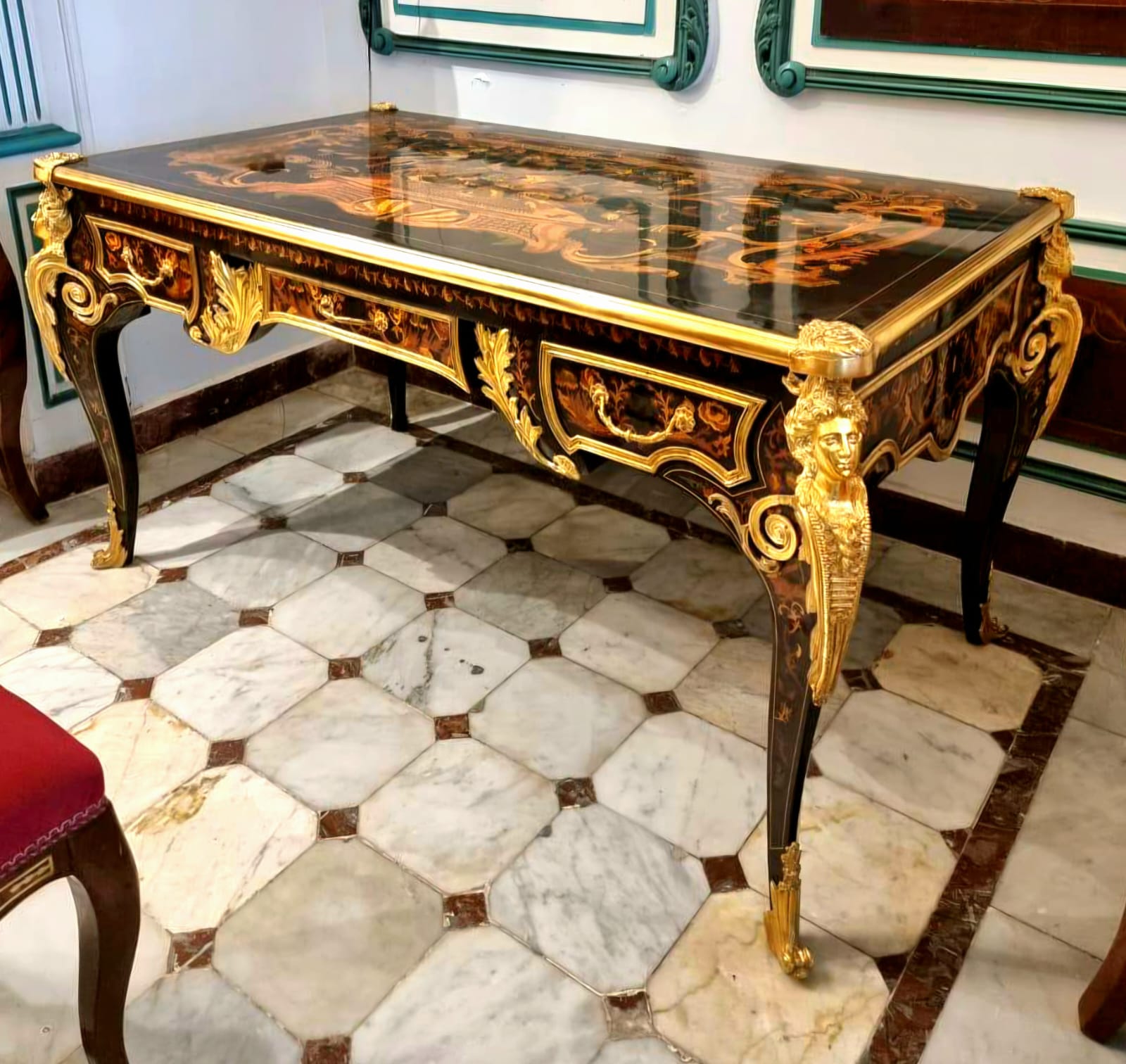 Ornate French Executive Desk – Black Luxury Desk with Gold Leaf Details & 3 Drawers