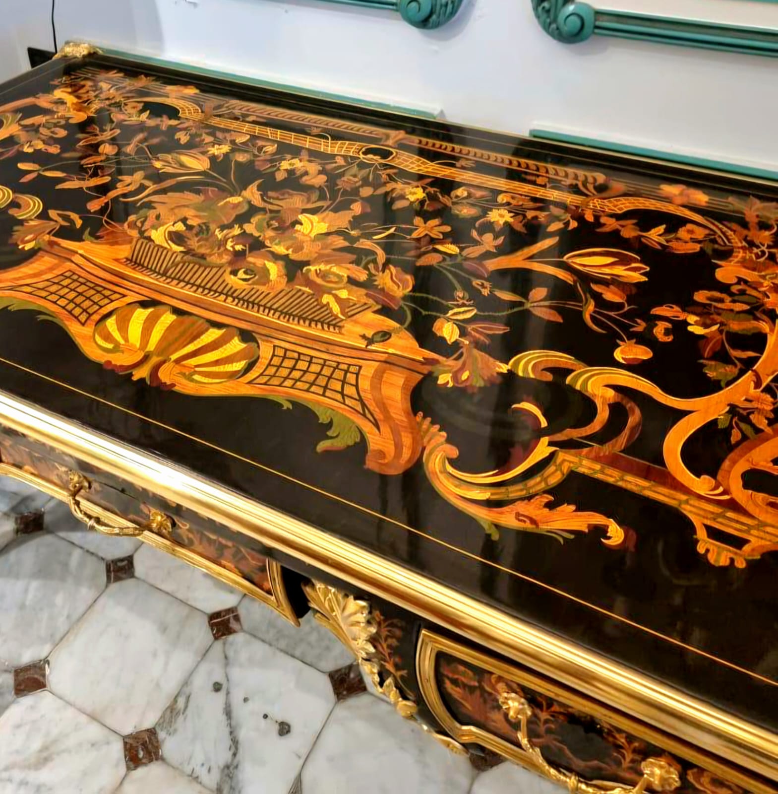 Ornate French Executive Desk – Black Luxury Desk with Gold Leaf Details & 3 Drawers
