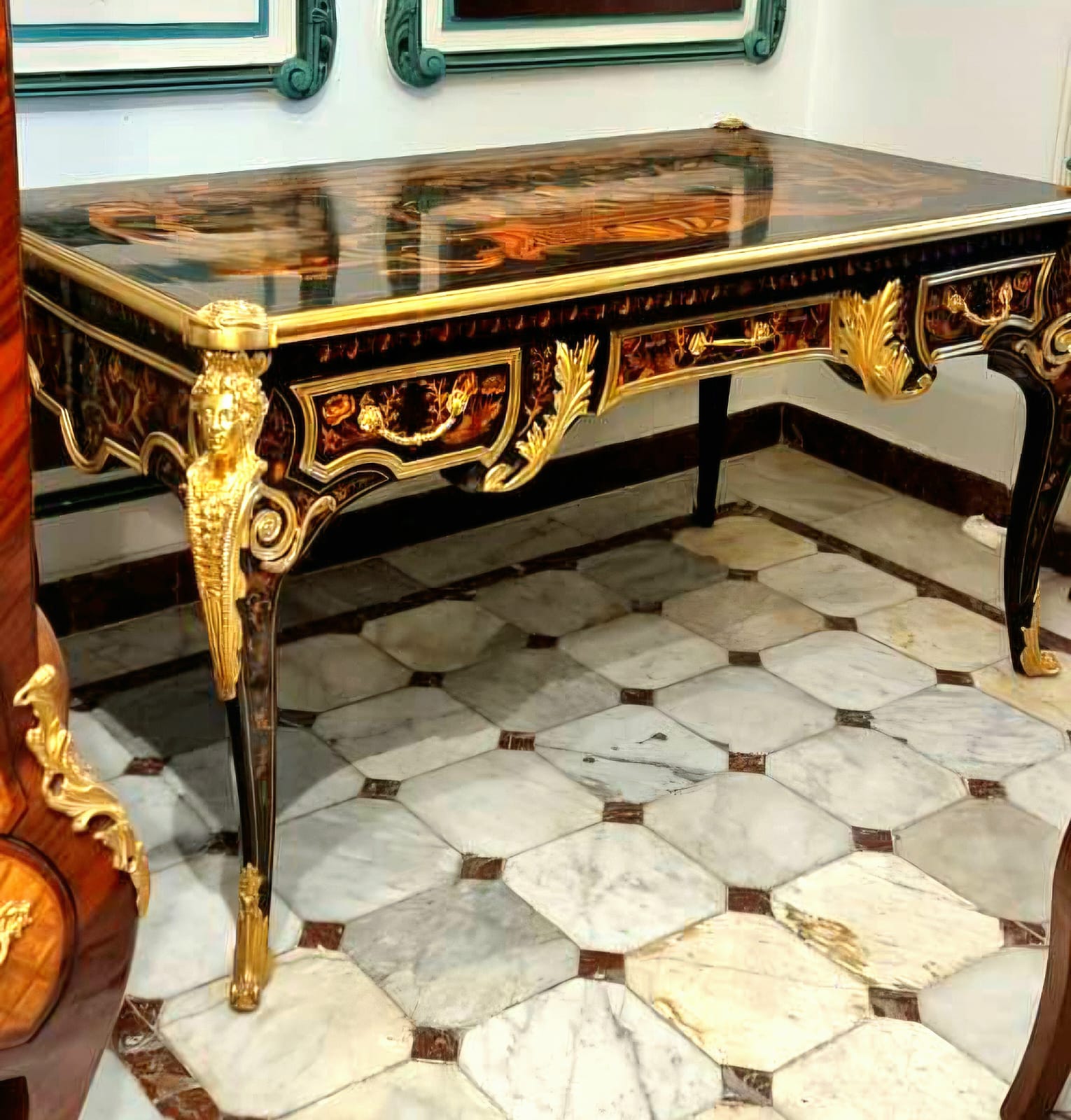 Ornate French Executive Desk – Black Luxury Desk with Gold Leaf Details & 3 Drawers