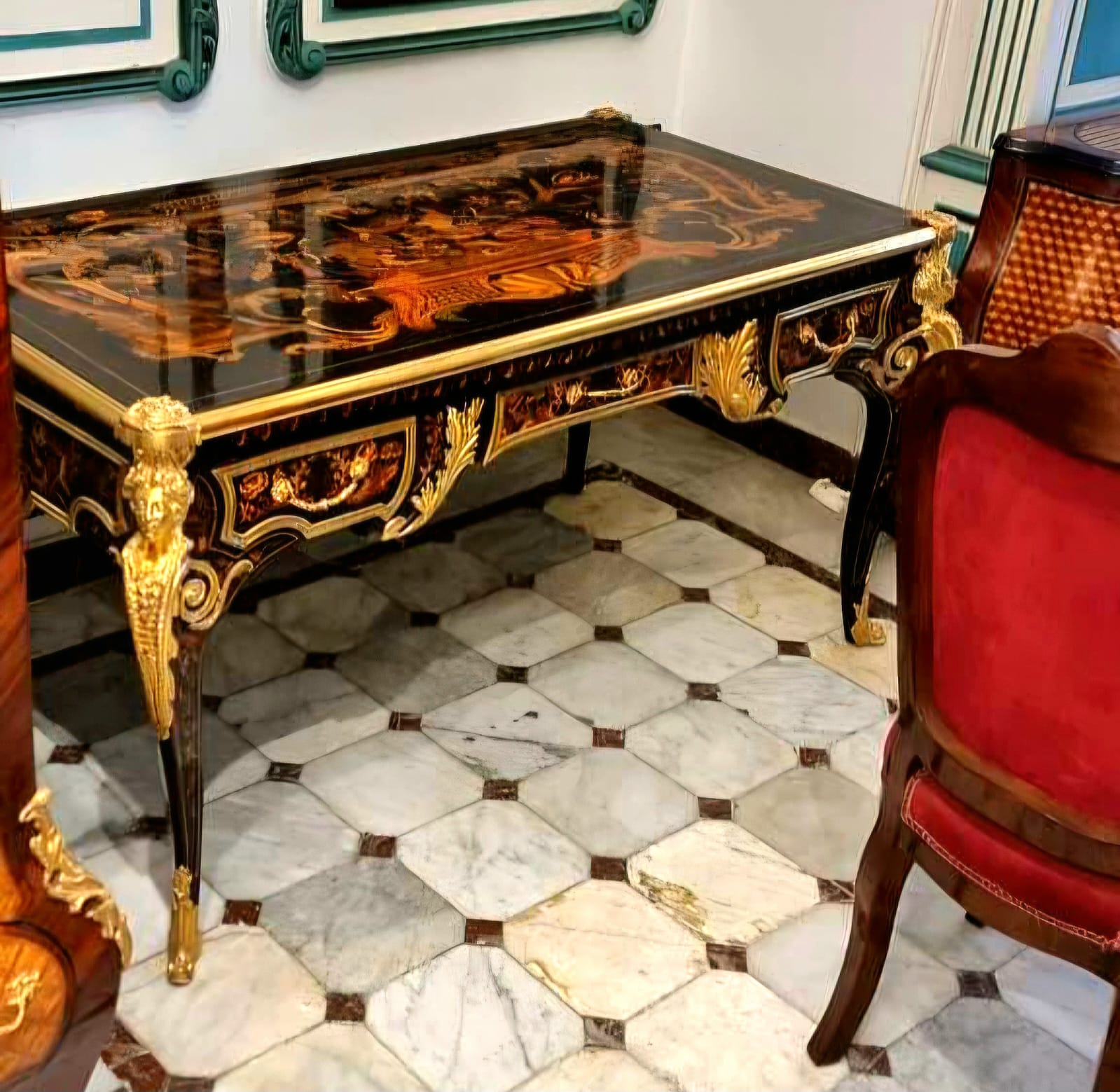 Ornate French Executive Desk – Black Luxury Desk with Gold Leaf Details & 3 Drawers