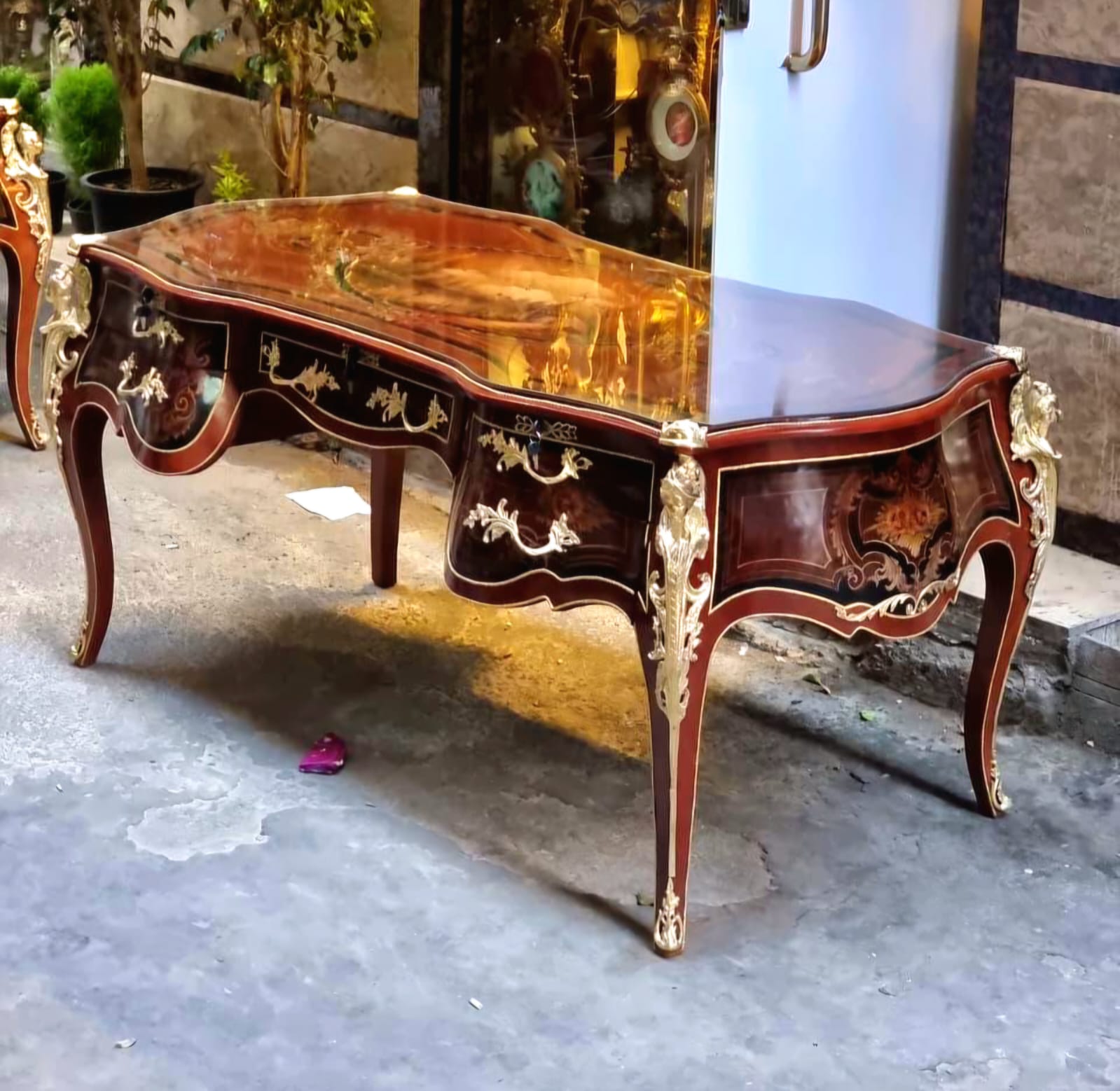 French Rococo Executive Desk – Large Brown Desk with Glass Top, 5 Drawers, Gold Leaf & Bronze Details