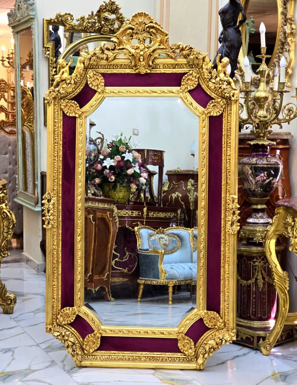 French Baroque Gold Leaf Wall Mirror – Burgundy Velvet Frame with Ornate Floral Details