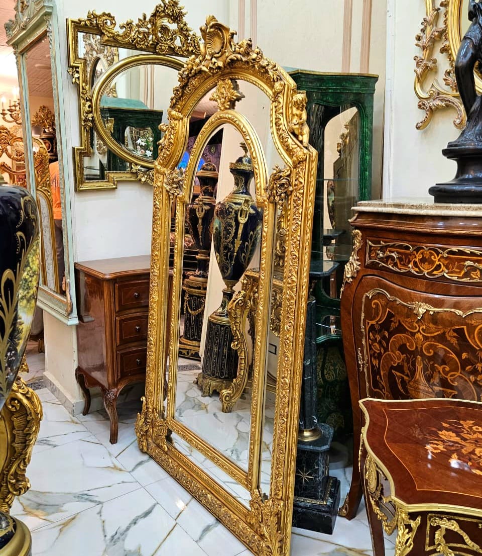French Rococo Gold Leaf Wall Mirror – Ornate Floral Frame with Shell Detail & Double-Mirror Effect
