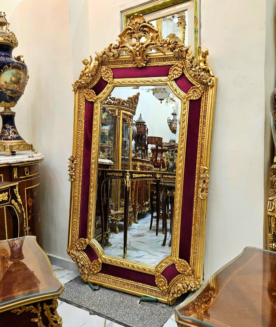 French Baroque Gold Leaf Wall Mirror – Burgundy Velvet Frame with Ornate Floral Details