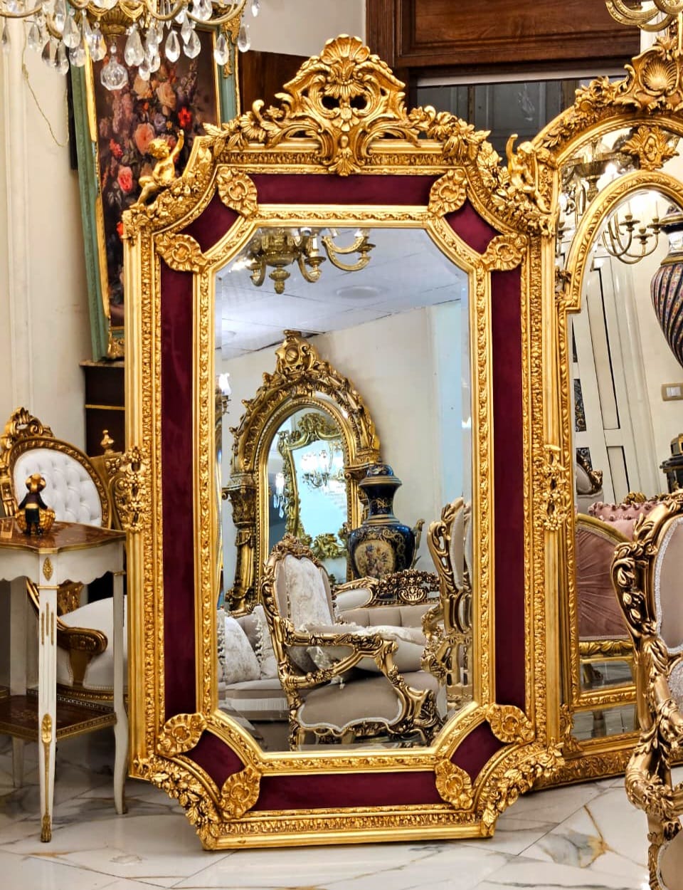 French Baroque Gold Leaf Wall Mirror – Burgundy Velvet Frame with Ornate Floral Details