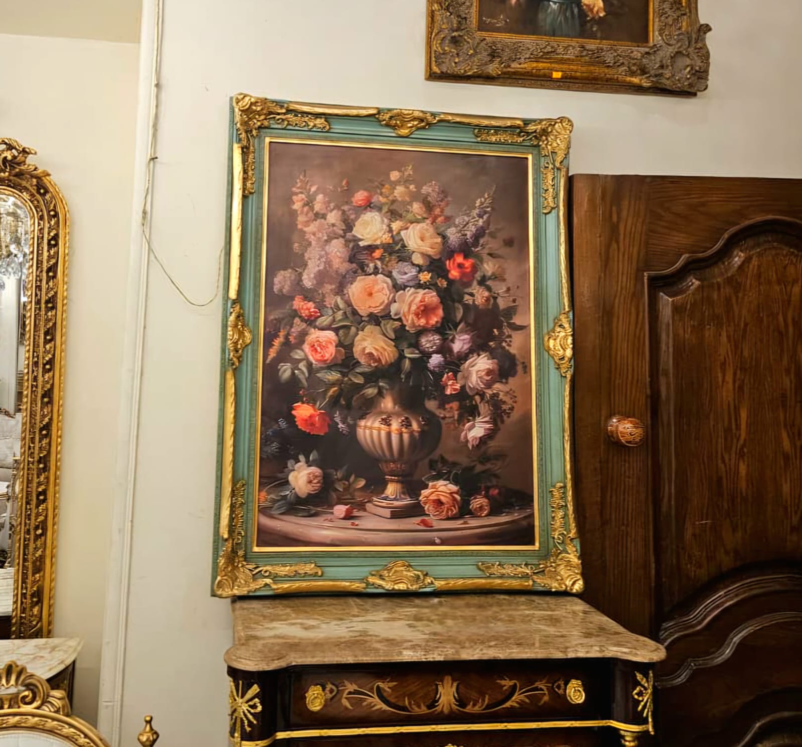 French Rococo Floral Still Life Painting – Sage Green Finish with Hand-Gilded Gold Leaf Frame