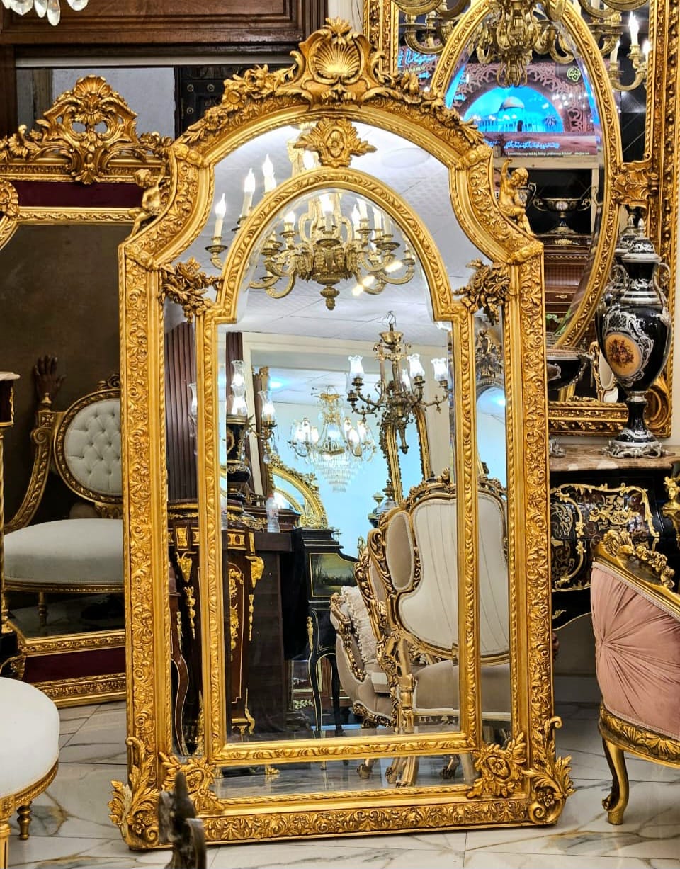 French Rococo Gold Leaf Wall Mirror – Ornate Floral Frame with Shell Detail & Double-Mirror Effect