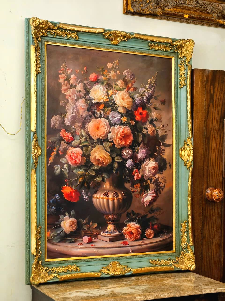 French Rococo Floral Still Life Painting – Sage Green Finish with Hand-Gilded Gold Leaf Frame