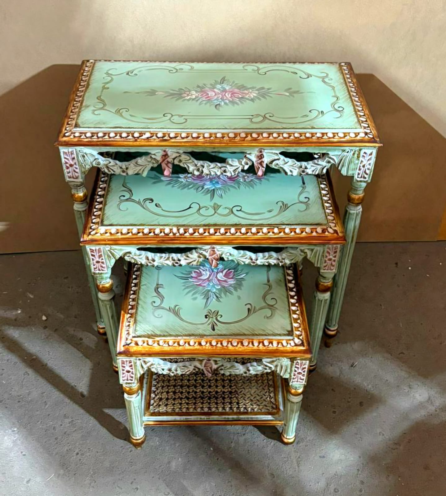 French Style Nesting Tables – Set of 3 Aqua Green Side Tables with Gold Leaf Details